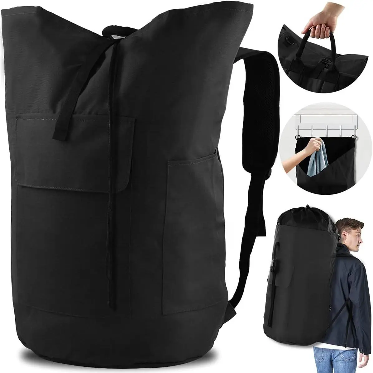 Laundry Backpack Bag 125L , Heavy Duty for College Dorm & Apartment, Durable Thick Material Laundry Hamper with Padded Straps for Easy Carry, 3 Pockets for Travel & Laundromat (Black)