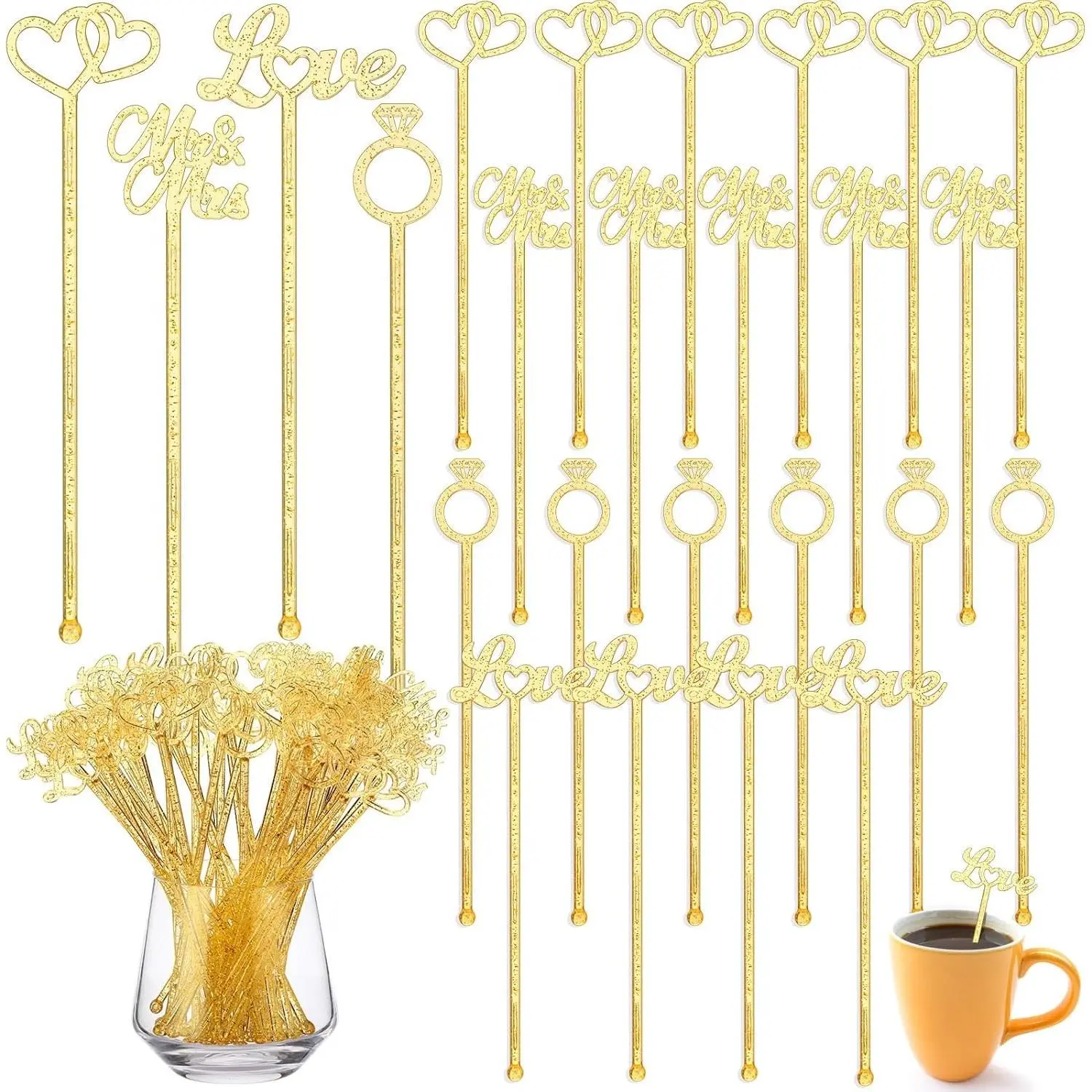 150 Pcs Wedding Drinks Stirrers Plastic Wedding Cocktail Stirrers 7.5 Inch Gold Glitter Swizzle Sticks Reusable Cupcake Toppers for Appetizers Beverage Coffee Festival Party Favor