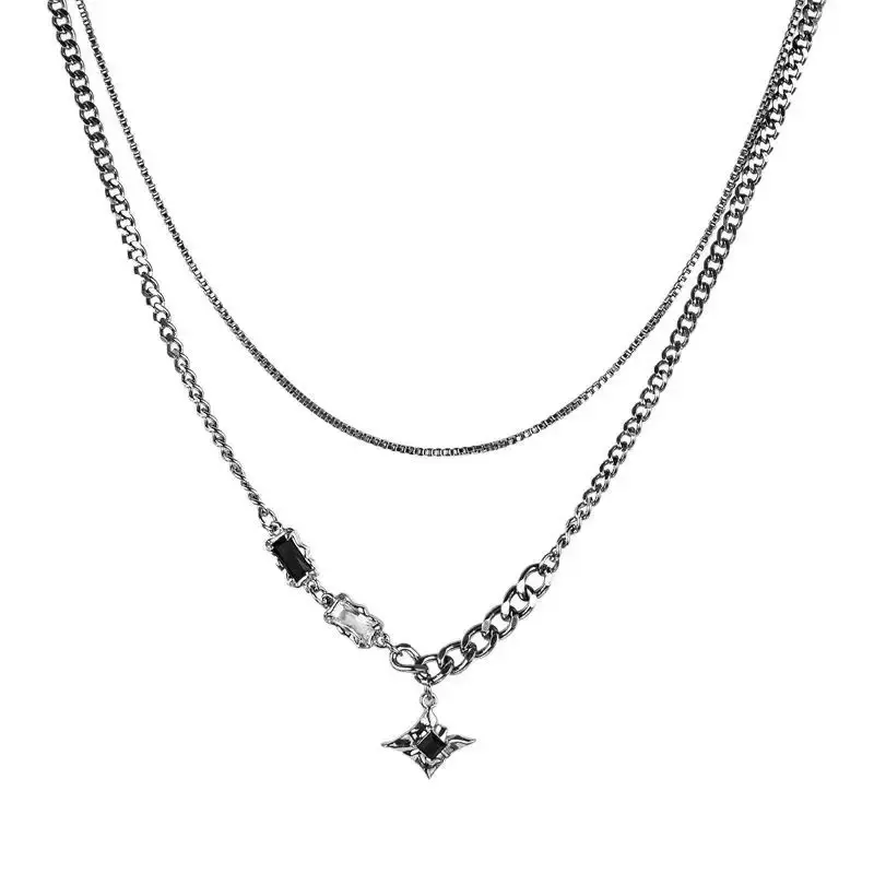 Men's Double-Layer Necklace with Geometric Stars, Grunge Style Titanium Steel Jewelry with a Waterproof Finish for Casual Daily Wear