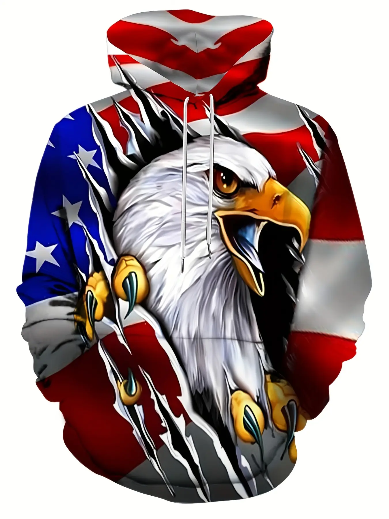 Men's American Flag Bald Eagle 3D Print Pullover Hoodie, Patriotic Ripped Claw Graphic Streetwear Sweatshirt