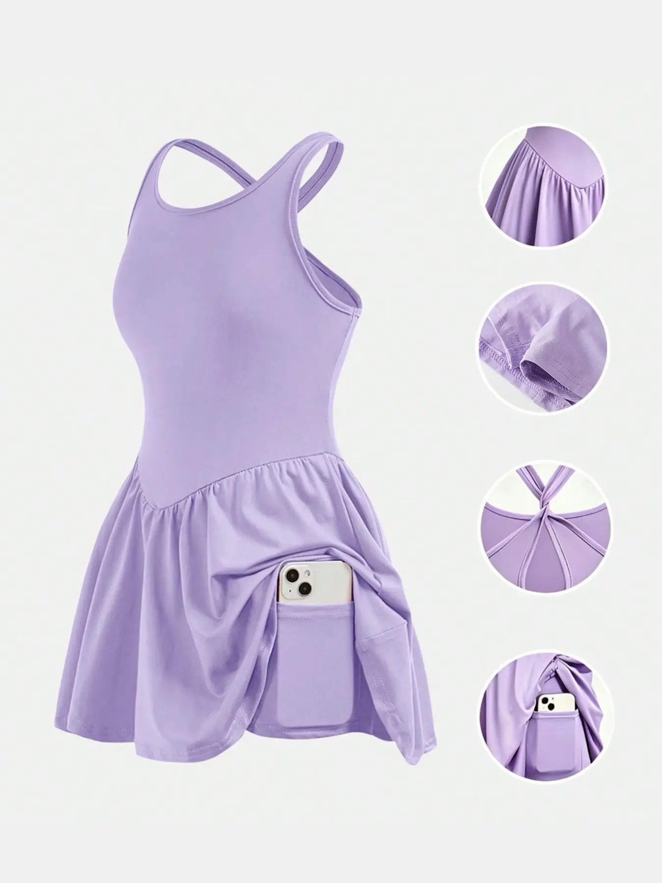 Girls' Sports Dress, Cross Back Tennis Athletic Dress, Sleeveless Sporty Tennis Dress, Side Pocket Design, Suitable for Tennis Running Daily, Versatile Casual Wear, Workout Dress