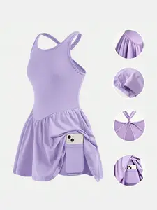 Girls' Sports Dress, Cross Back Tennis Athletic Dress, Sleeveless Tennis Dress, Side Pocket Design, Suitable for Tennis Running Daily, Versatile Casual Wear, Workout Dress