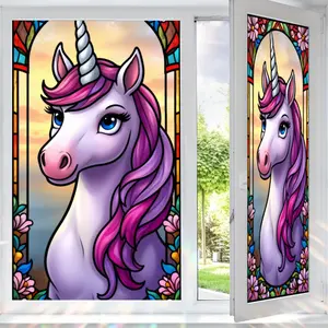2D Flat Static Cling Unicorn With Pink Mane And Blue Eyes Stained Glass Style Window Decal Ornament For Living Room And Bedroom Removable
