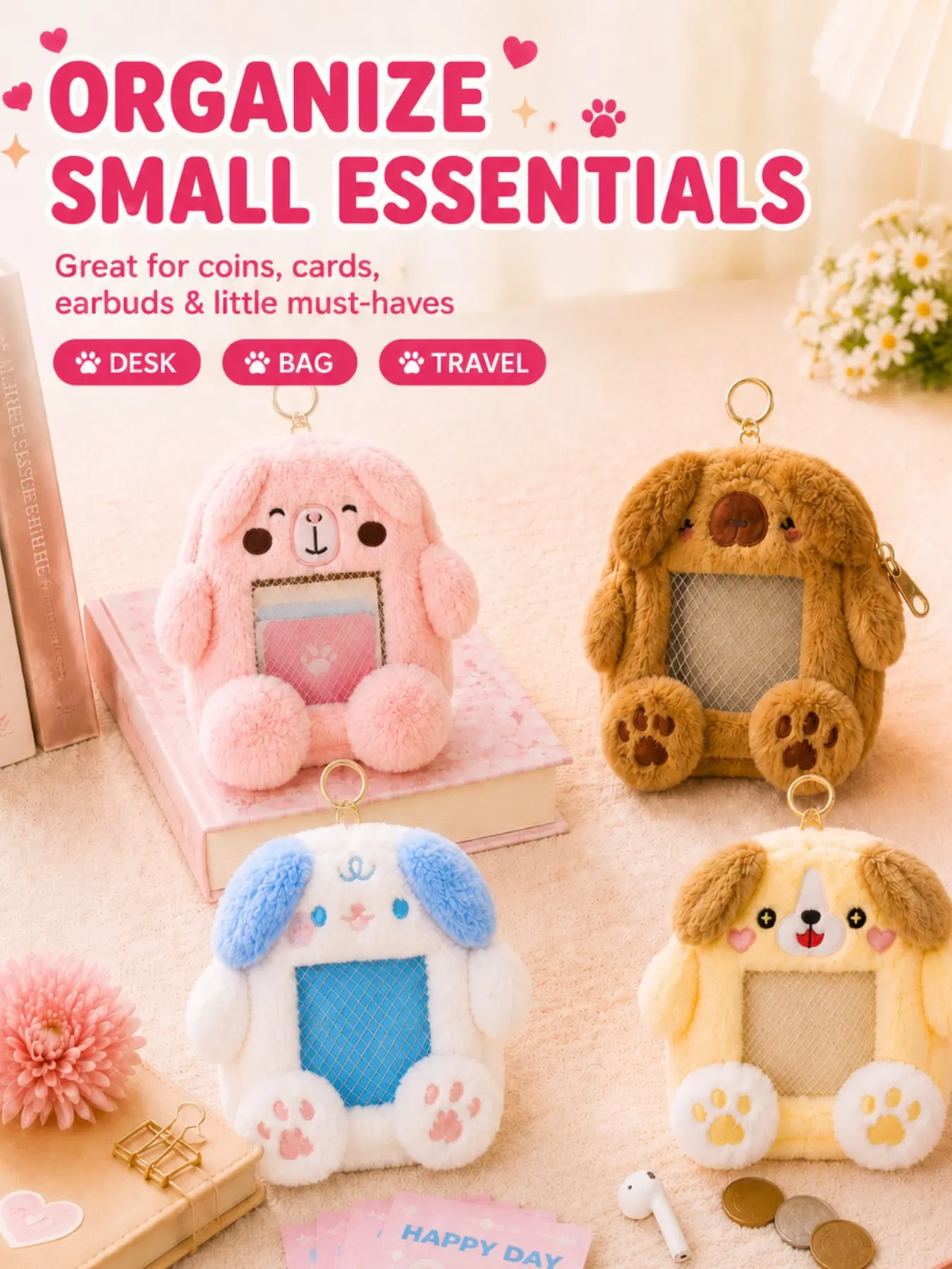 Cute Plush Animal Coin Pouches, Teddy Velvet Transparent Front Pocket Card Holder, Lightweight Mini ID Organizer, Multiple Styles Available