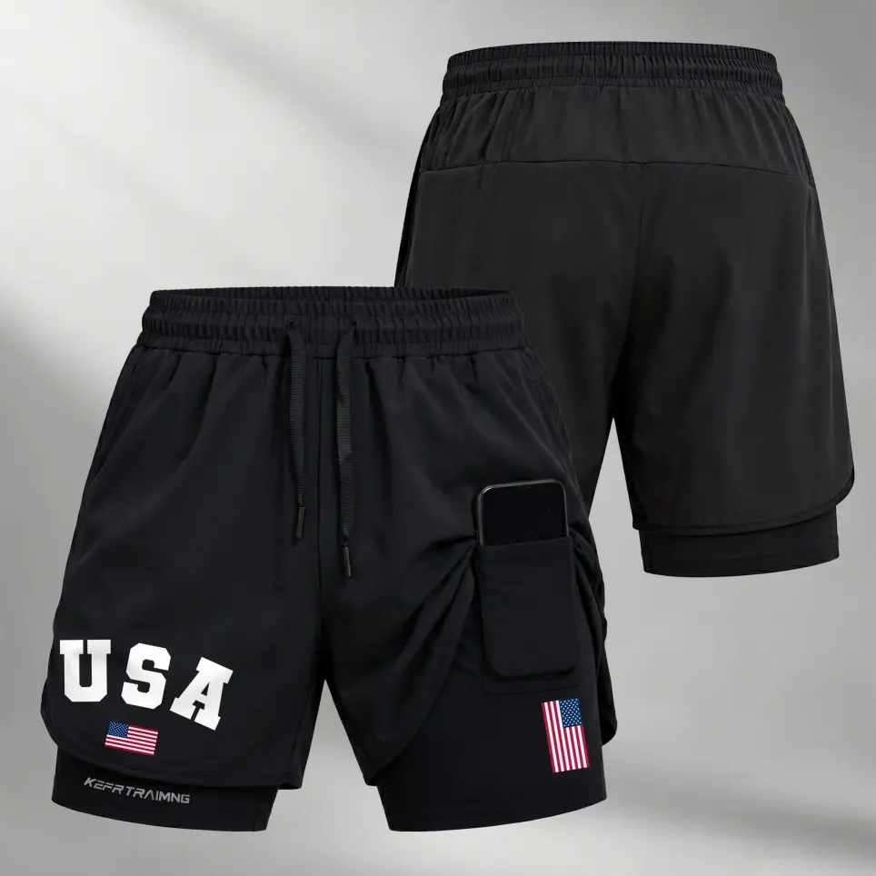 Men’s USA Flag Graphic 2-in-1 Workout Shorts, Compression Inner Liner with Phone Pocket, Adjustable Drawstring Waist, Quick-Dry Running Gym Shorts for Summer