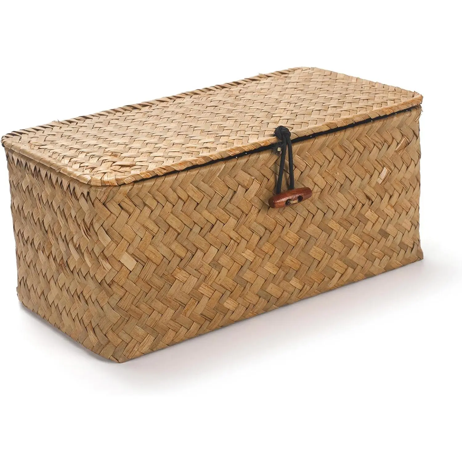 Rectangular Handwoven Seagrass Small Storage Basket with Lid for Shelves and Home Organizer Bins,S (10.2"x5.5"x4.3"H), Natural