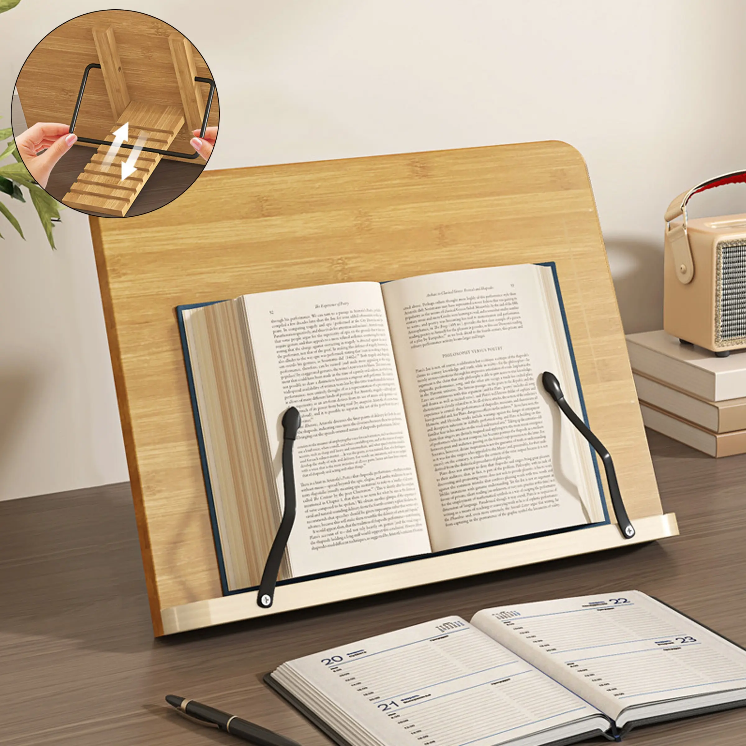 1pc Wooden Book Stand for Reading, Adjustable Book Holder with Page Clip for Desk Reading, Tablet/Book/Music Sheet Holder, Home Office Accessory