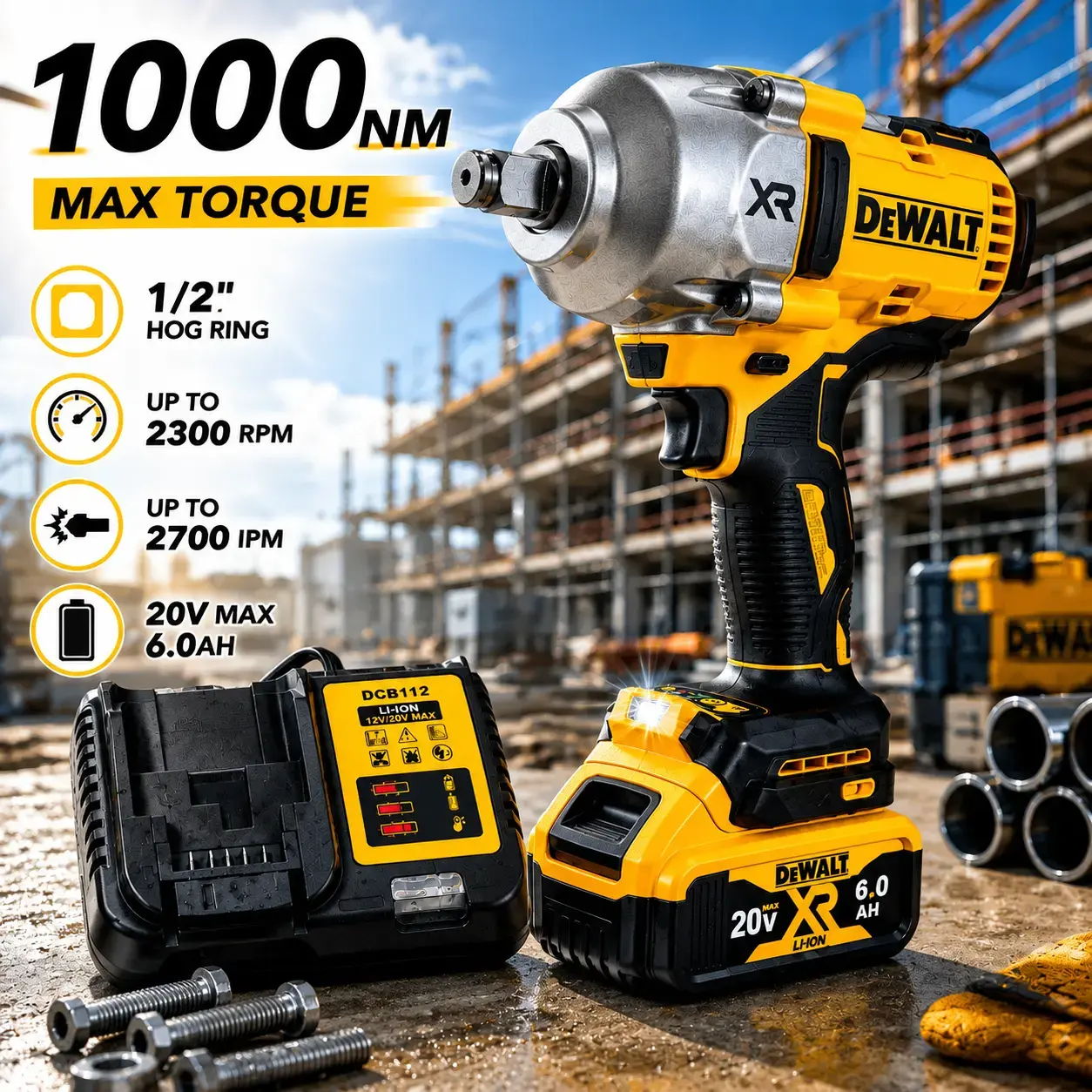 DEWALT DCF900 Impact Wrench 1/2" Inch High Torque 20V Brushless Cordless Tool with Hog Ring Anvil for Professional Use