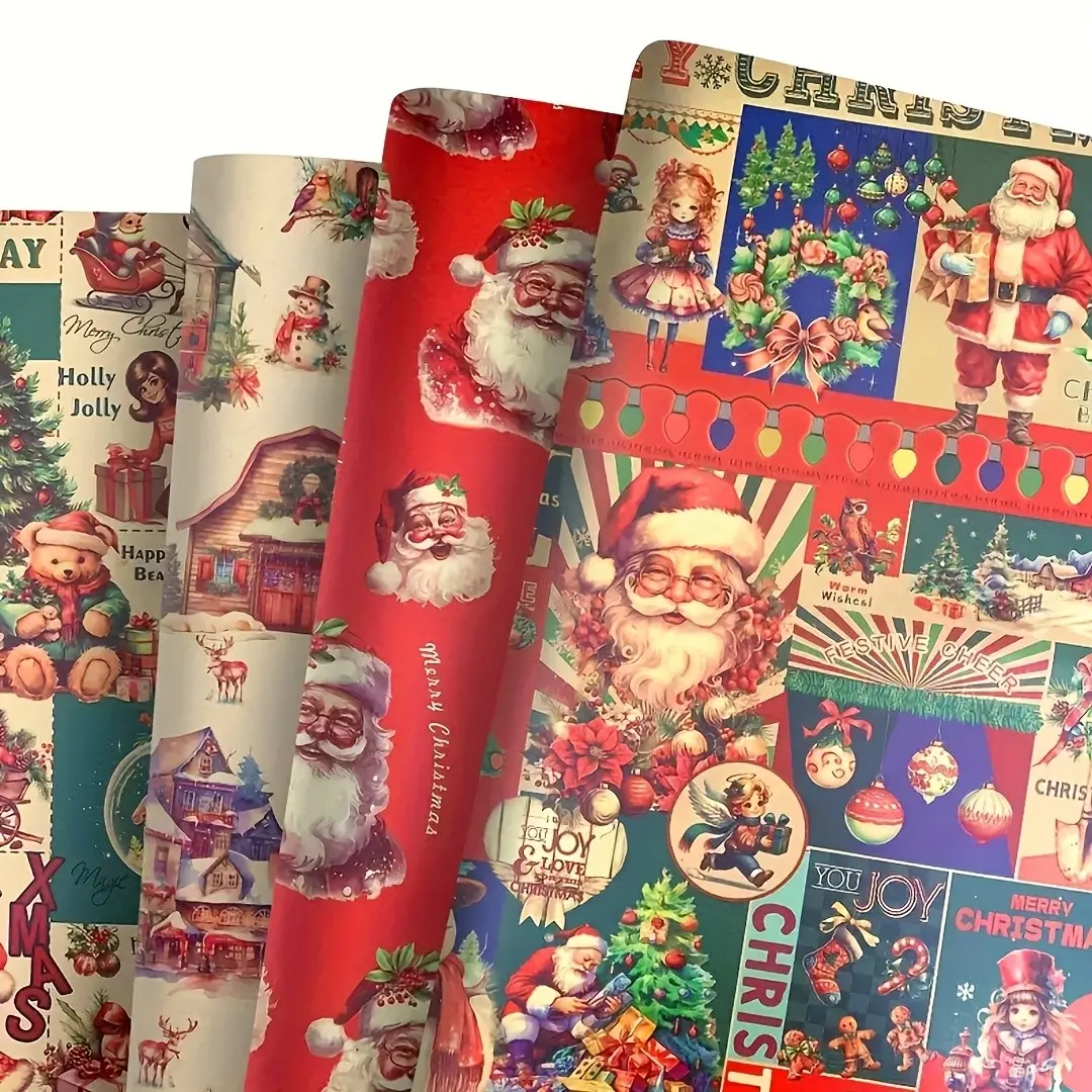 Vintage Christmas Poster Wrapping Paper, 4pcs Set, Santa Claus/igloo Snowman Design, Holiday Gifts, Winter Wonderland Decorations