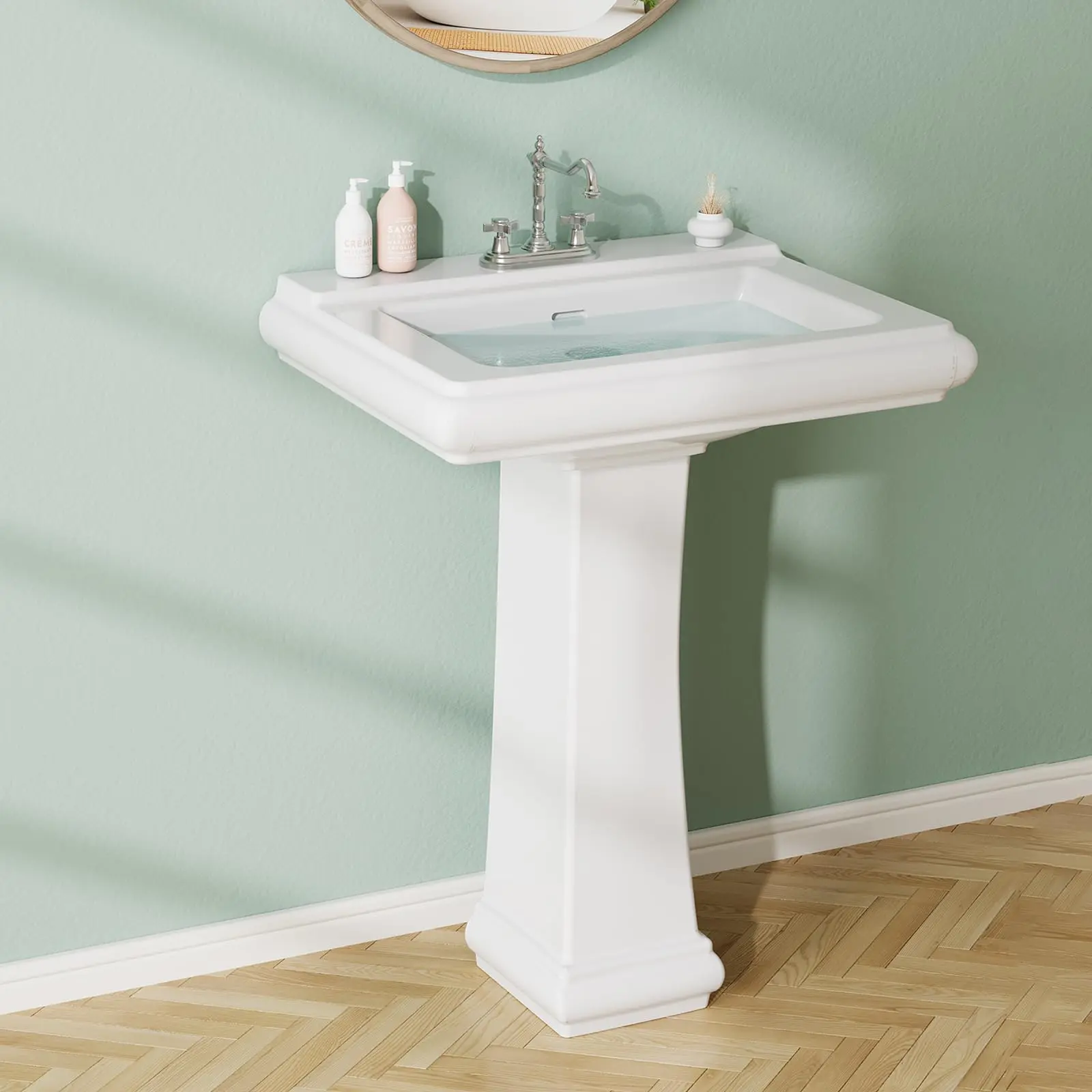 Rectangular Pedestal Sink, Bathroom Pedestal Sink,Pedestal Bathroom Sink With 3 Faucet Holes at 4" Faucet Centers, with Overflow