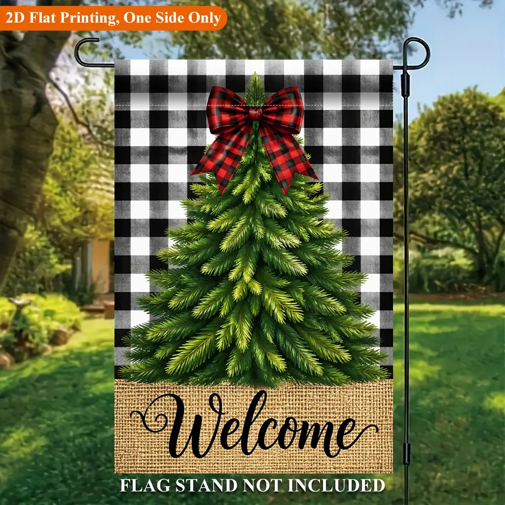 Garden Flag 12x18 Inch, Christmas Tree Red Bow Decor Double Sided Linen Garden Flag, Holiday Yard Banner, for Outdoor Home, Yard Decor, Seasonal Festival Yard Outside Decorative Flags, No Pole Included