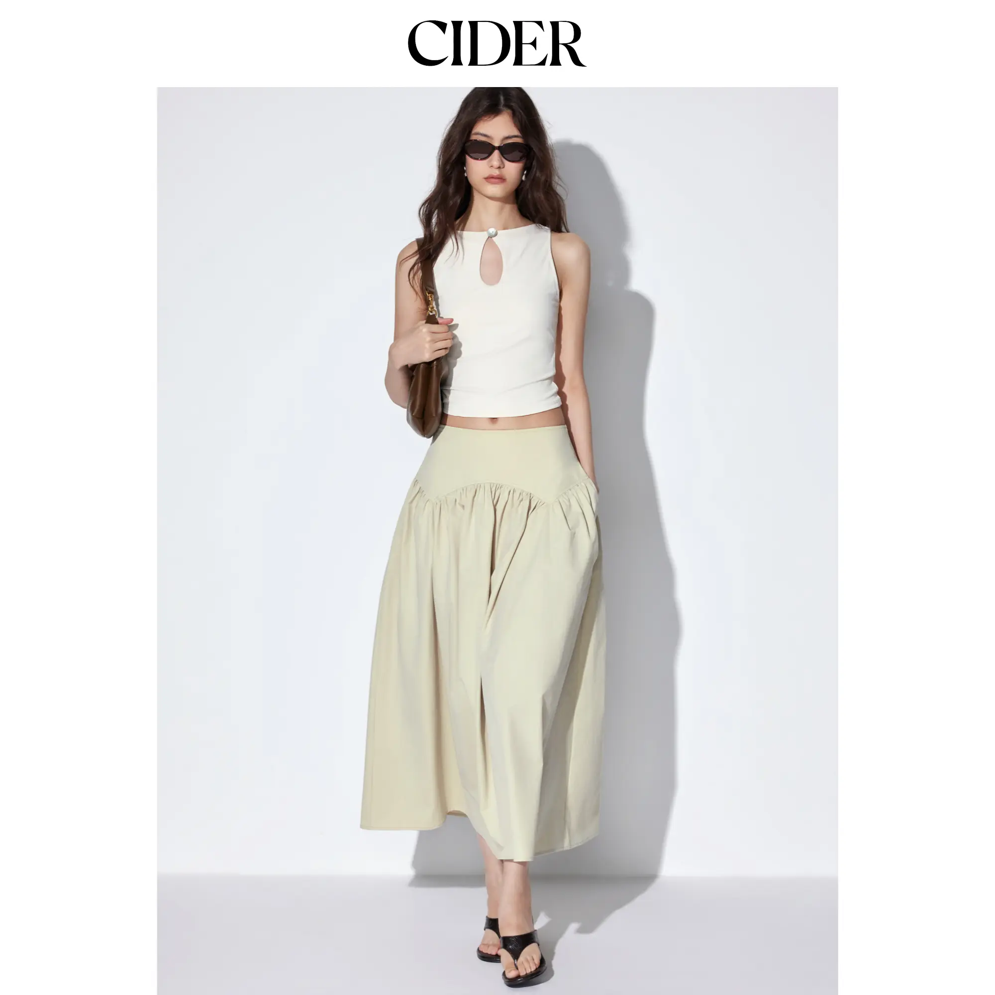 Cider Low Rise Ruched Flared Maxi Skirt