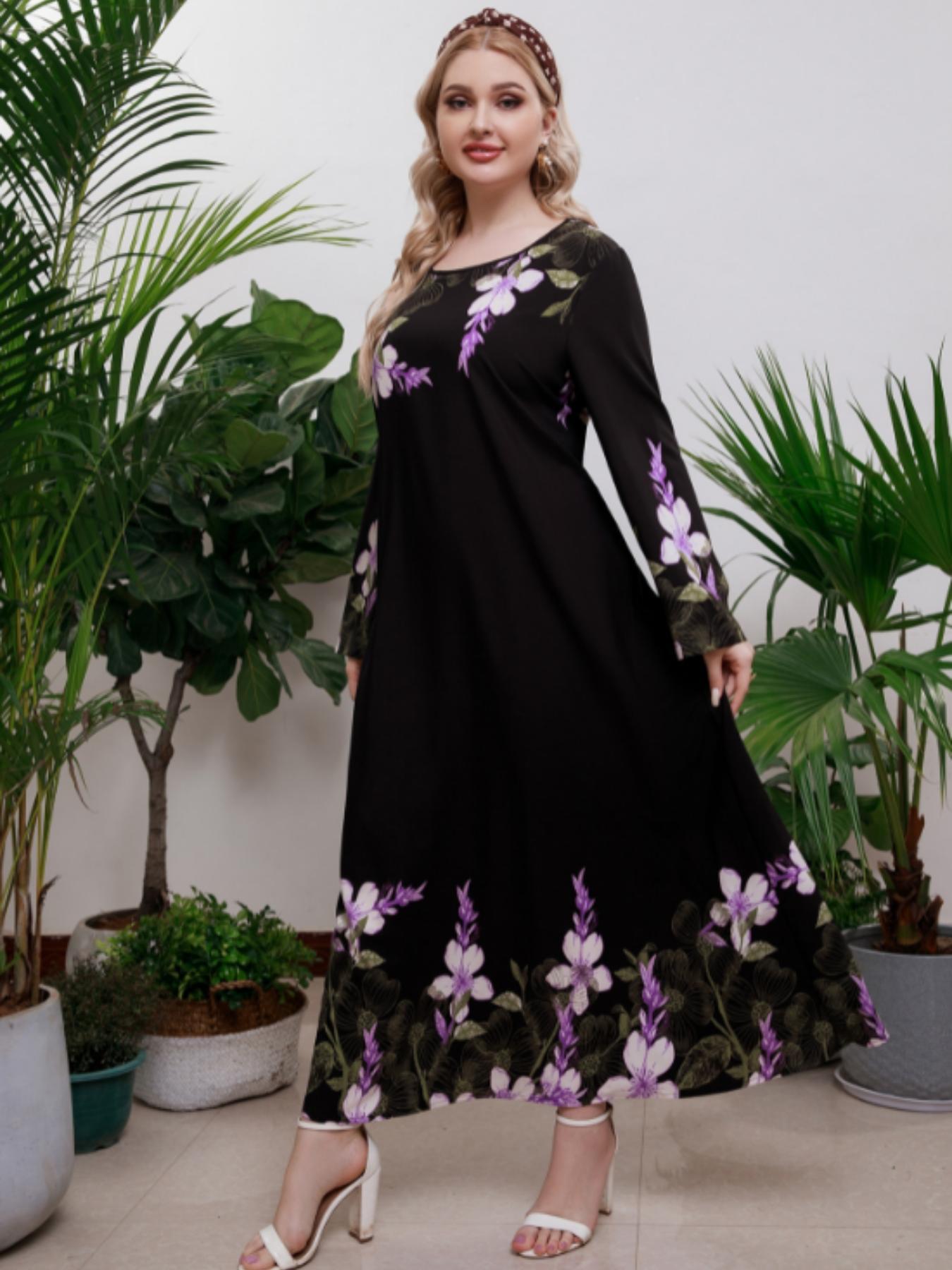 Plus Size Floral Print Long Sleeve Round Neck Tunic Dress, Casual Loose Long Dresses for Women Daily Wear, Ladies Clothes Spring Autumn Fashion