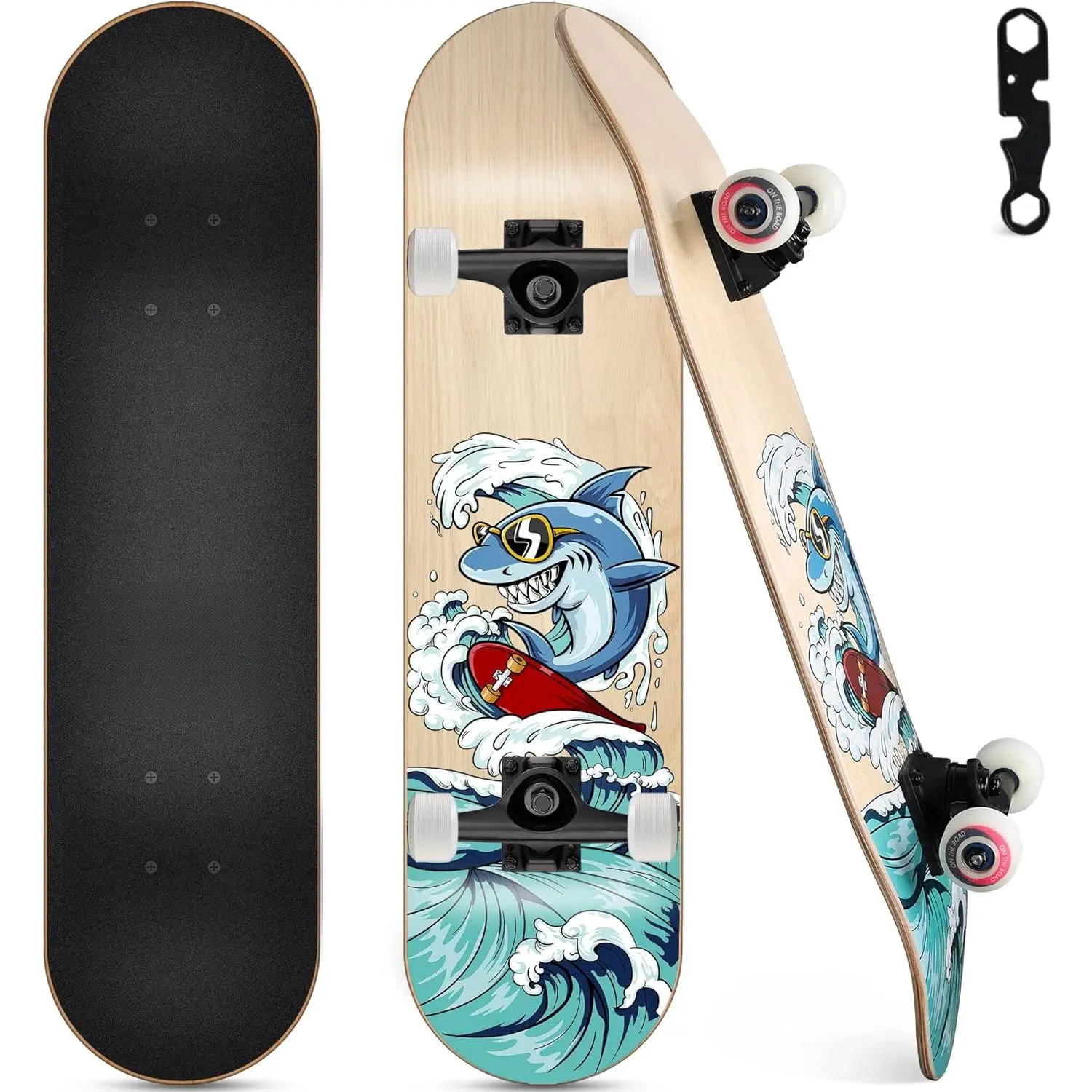 31 Inch Complete Skateboard for Beginners Kids Teens Adults 7 Layer Canadian Maple Wood Double Kick Concave Standard Skateboard with All in One Skate Tool for Tricks & Outdoor Riding
