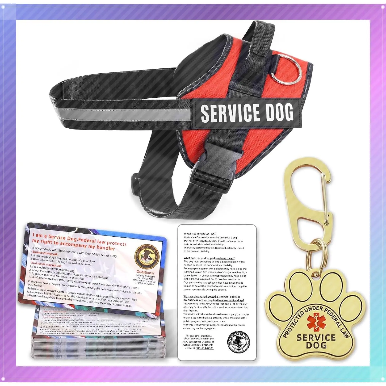 Service Dog Vest Harness Kit with ID Tag, 50 ADA Information Cards, 2-Sided ESA Cards, Metal Dog Tag with Ruggedized Clip, Sizes X-Small to XX-Large, Small Accessory SetGift