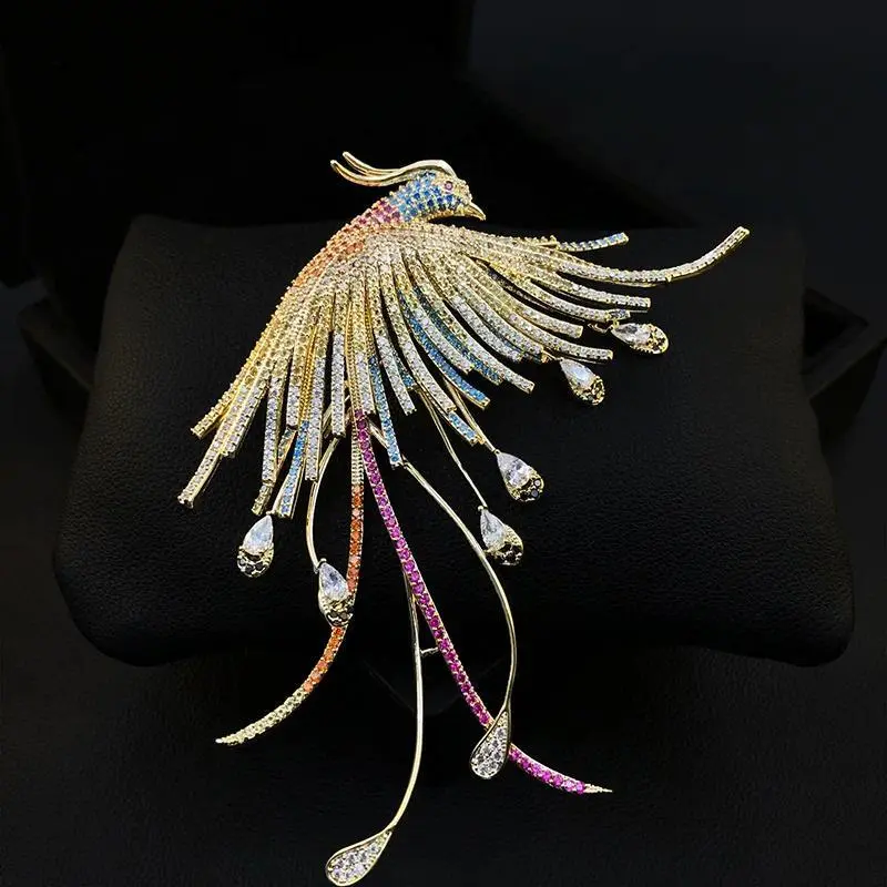 Luxury Phoenix Bird Brooch High-End Women's Suit Neckline Pins Coat Ornament Animal Rhinestone Jewelry Clothes Accessories 5189