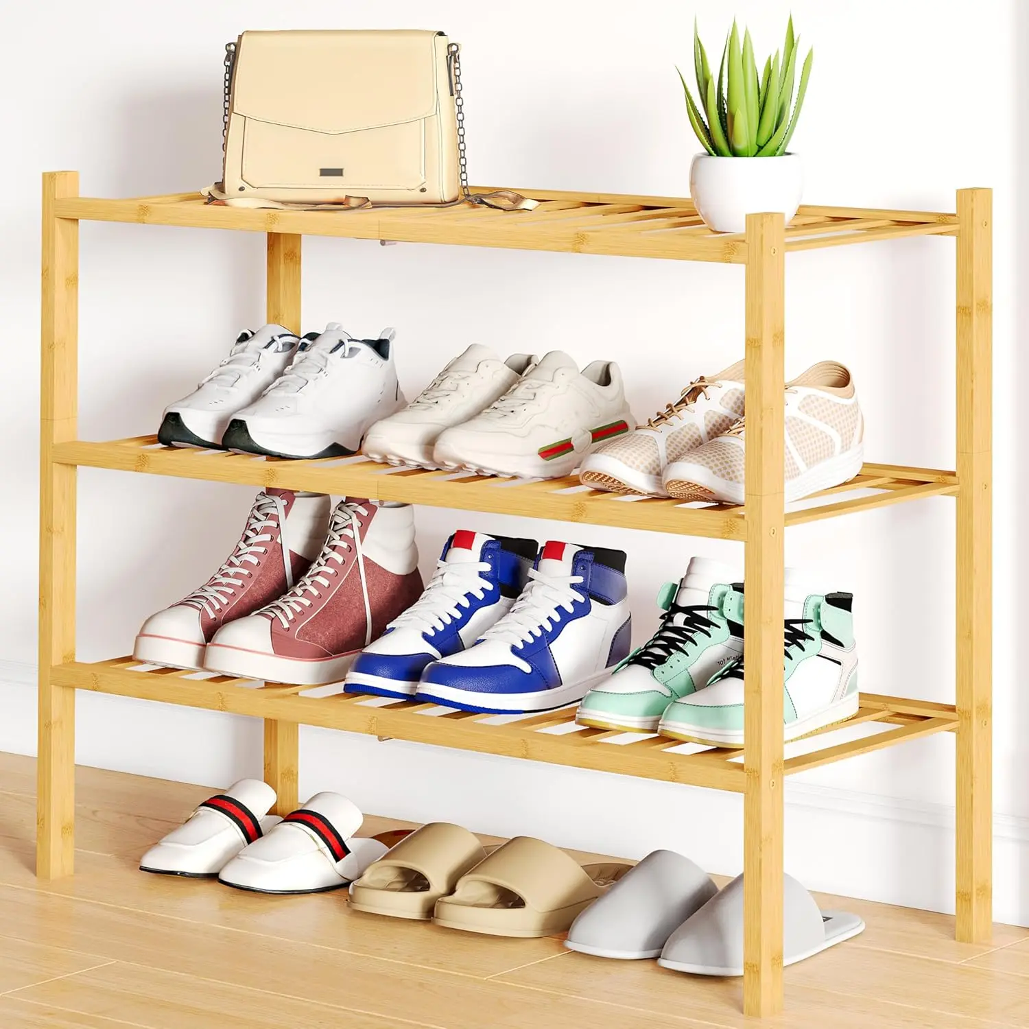 Smiry Bamboo Shoe Rack, 3 Tier Free Standing Wooden Shoe Organizer, Stackable Wood Shoe Storage Shelf for Closet, Entryway, 12 Vertical Slats, 2+1 Stack Standard Legs, 26.8"x11"x19.5", Natural