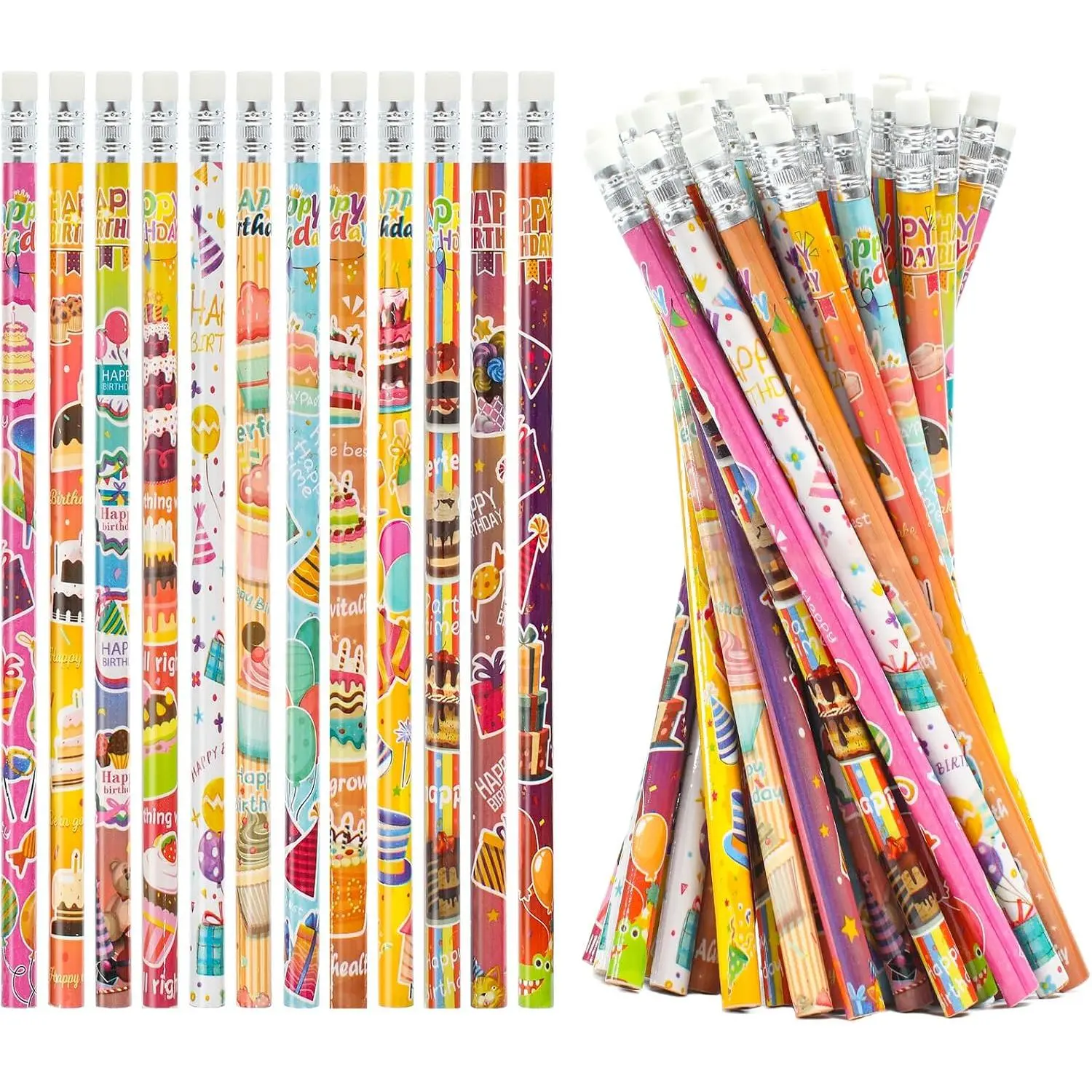 24-pack Assorted Styles Happy Birthday Graphite Core Pencils - Standard Size, Bulk Colorful Writing Instruments with Top Erasers for Students, Teachers' Classrooms & Birthday Party Supplies, Smooth Writing