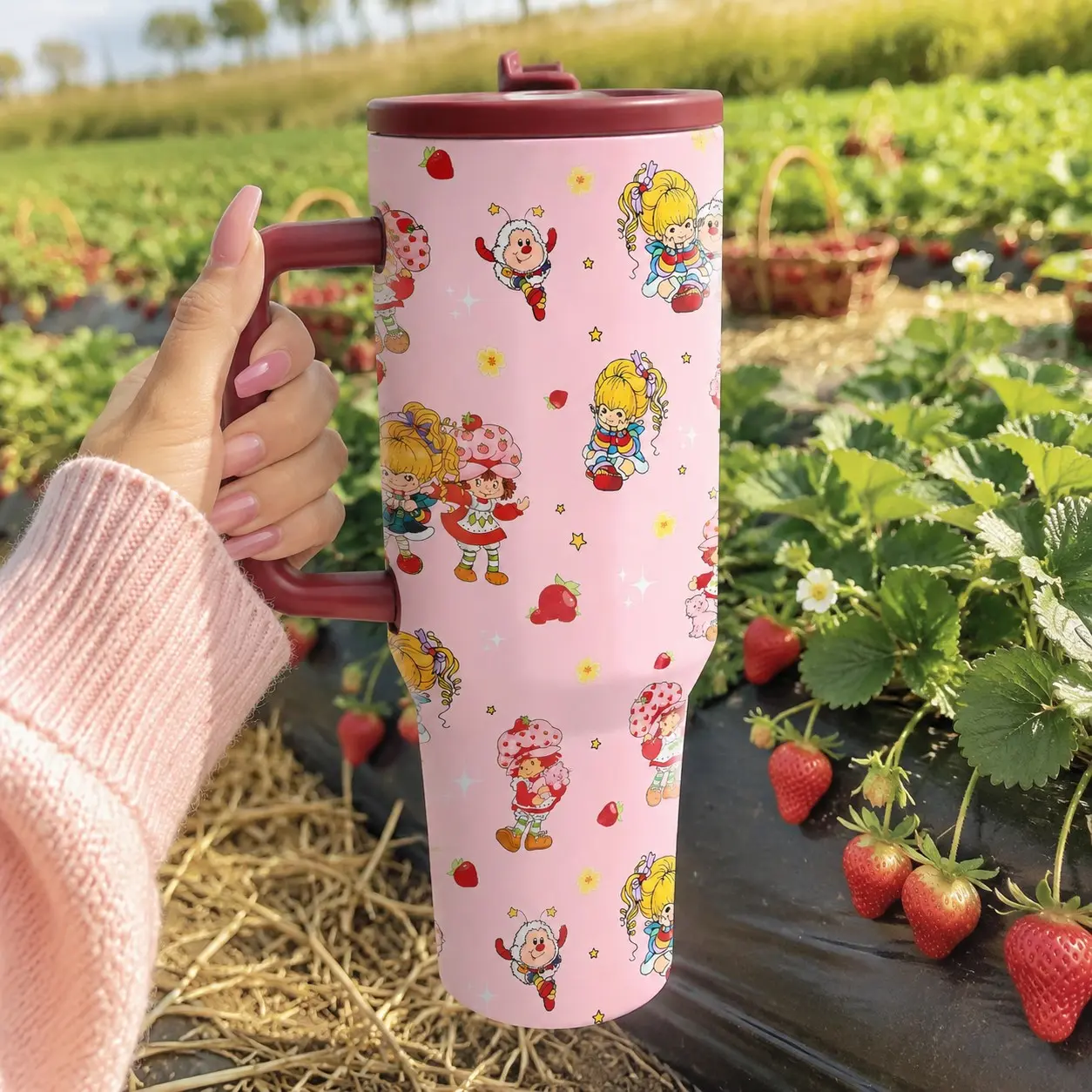 1 Pc 40oz Strawberry Shortcake Insulated Tumbler with Handle, Travel Coffee Cup, Double Wall Vacuum Stainless Steel Water Bottle, Keeps Drinks Cold & Hot, Cup Holder Friendly, Reusable Large Capacity Mug for School, Office, Travel, Daily Use,