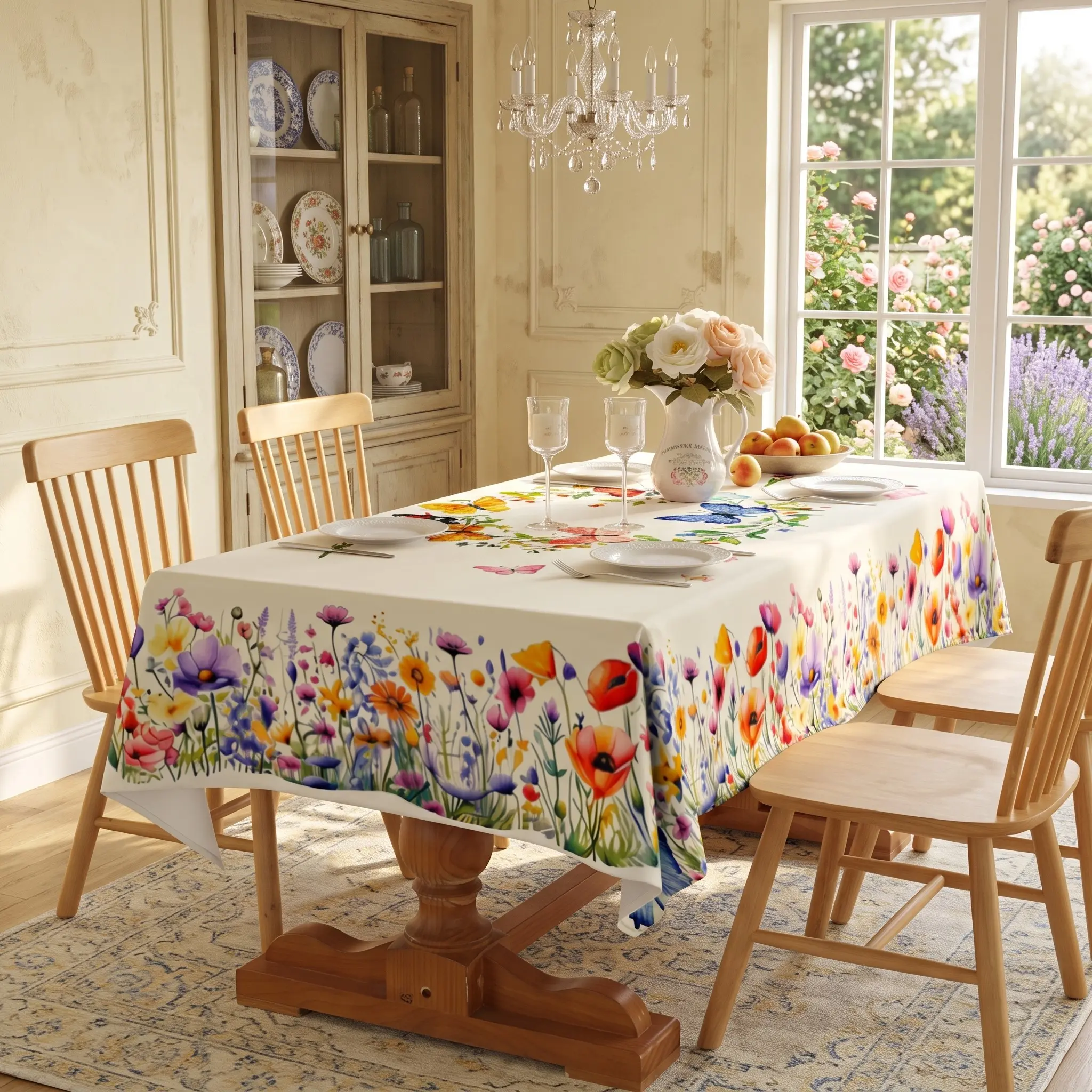 Spring Floral Tablecloth with Colorful Wildflowers, Poppies, Daisies and Butterfly Print, Fresh Garden Dining Table Decor for Easter, Spring and Summer Gatherings, Family Meals, Parties, Kitchen and Seasonal Home Decoration