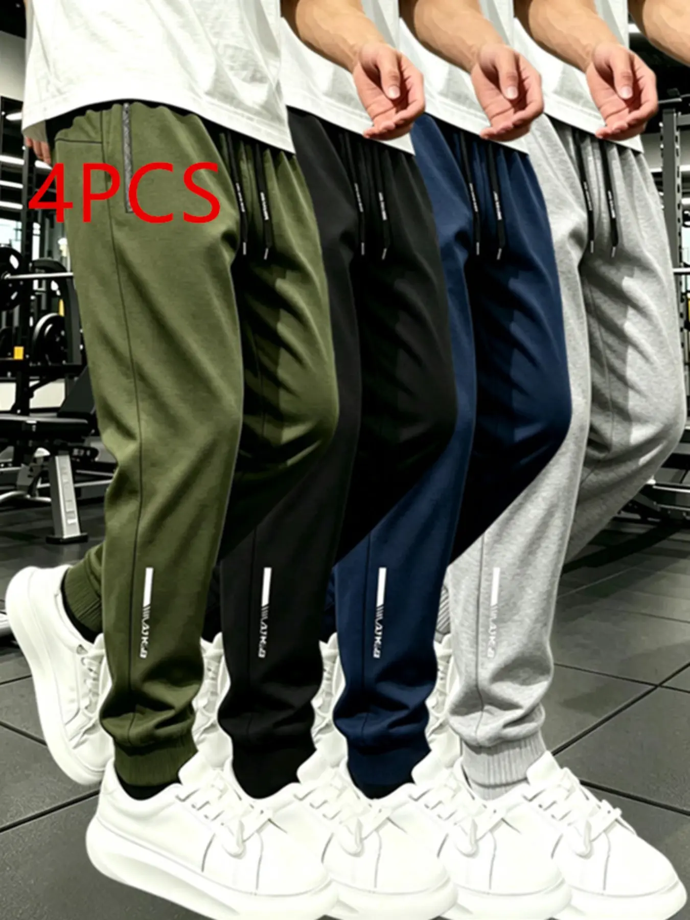 Men's Elastic Waist Running Pants, Zip Side Pockets, Reflective Print Ankle Cuffs, Casual Streetwear, All Seasons, Fitted Style