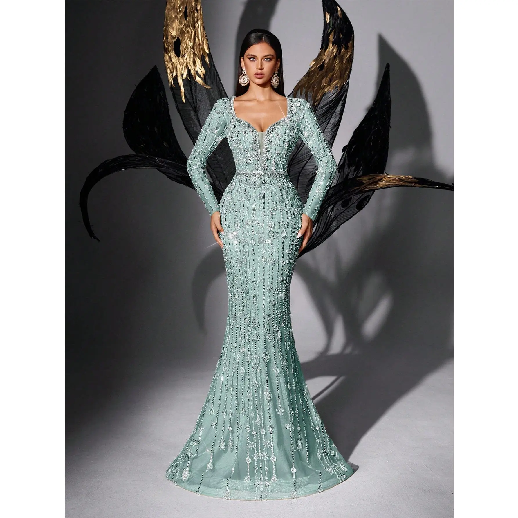 Sweetheart V Neck Full Mesh Beaded Long Sleeve Mermaid Formal Gown