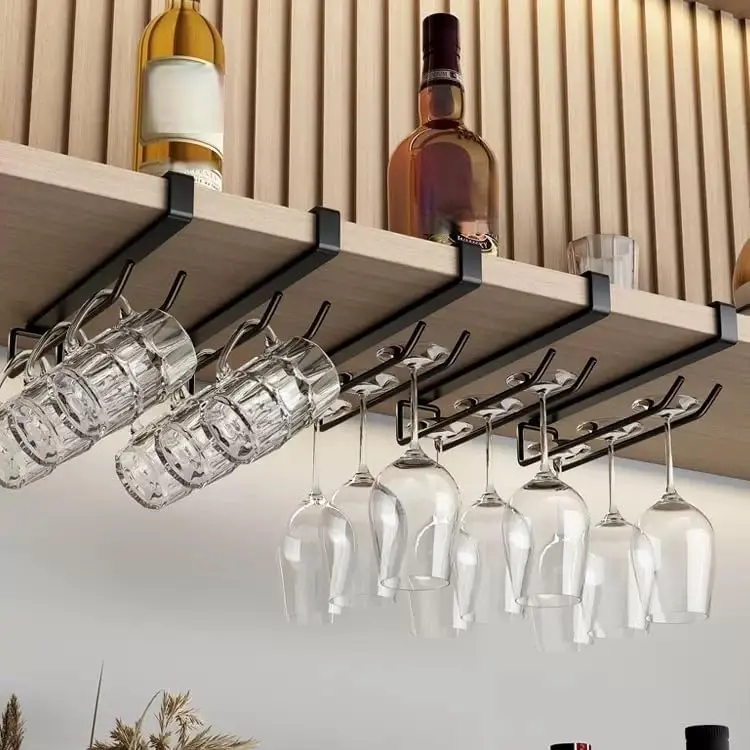 Wine Glass Holder Under Cabinet 2PCS, Stemware Rack Hanger Under Cabinet Wine Glass Rack Kitchen Hanging Storage Rack Organizer, Black