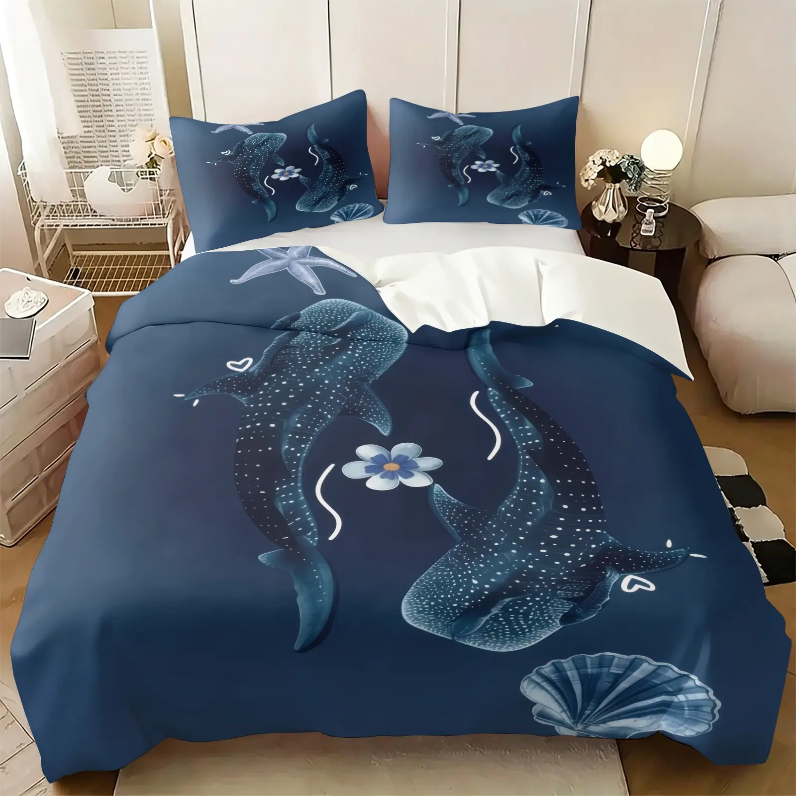 Solid Dark Blue Sea Whale Shark Print Duvet Cover Set, Includes 1 or 2 Pillowcases, Deep Blue Calm Coastal Bedding All Size, Watercolor Marine Fish Bed Set, Soft Anti-Pilling Fabric, Calm Ocean Bedroom Decor, Sea Lover Gift