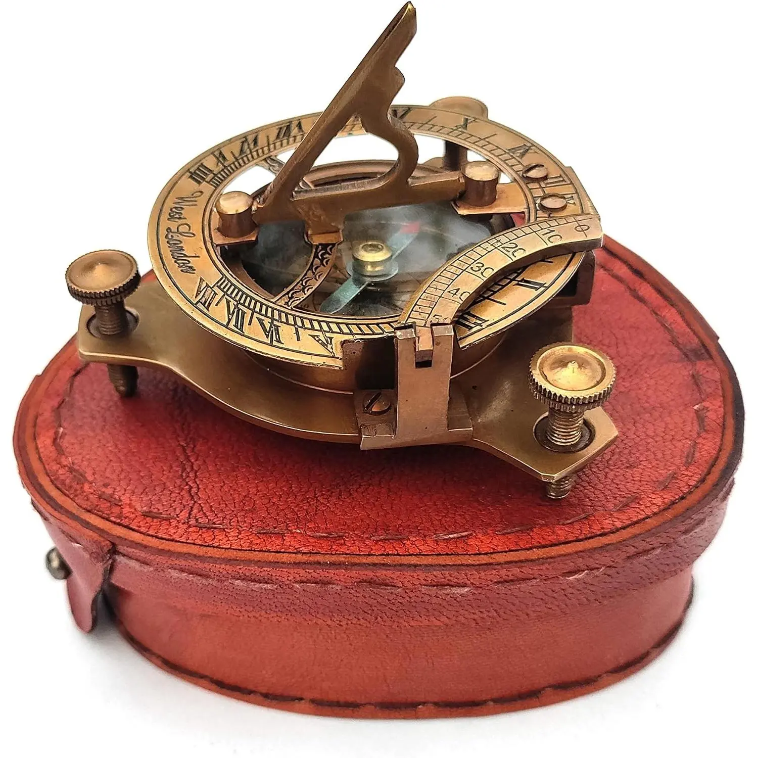 3" Vintage Brass Nautical Sundial Compass with Leather Case, Antique Compass for Camping Hiking Travel, Ideal Gift for Birthday Graduation & Adventure Lovers
