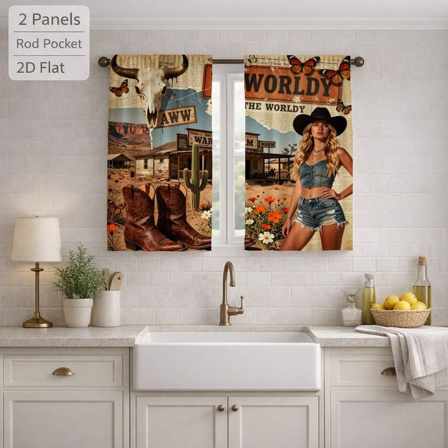 2Pcs Western Style Wild West Cow Skull Cowboy Boots Desert Cactus Sun Blocking Curtains Digital Printed Rod Pocket, Window Treatment For Bedroom Office Kitchen Living Room Study Home Decor