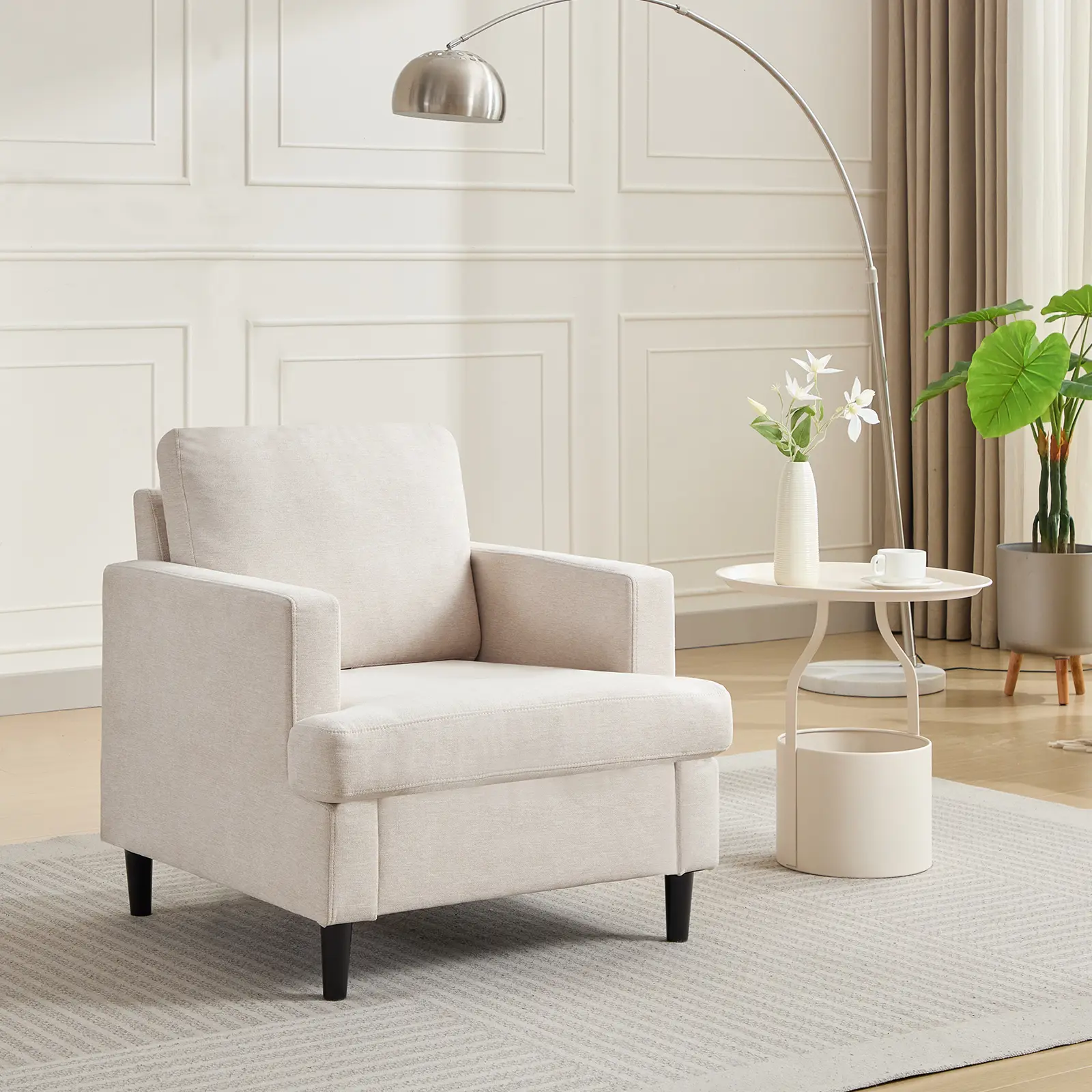 Garvee Mid-Century Modern Accent Chair – Linen Upholstered Armchair, Deep Seat, Soft Backrest, Solid Wood Legs, Dark Gray / Off-White