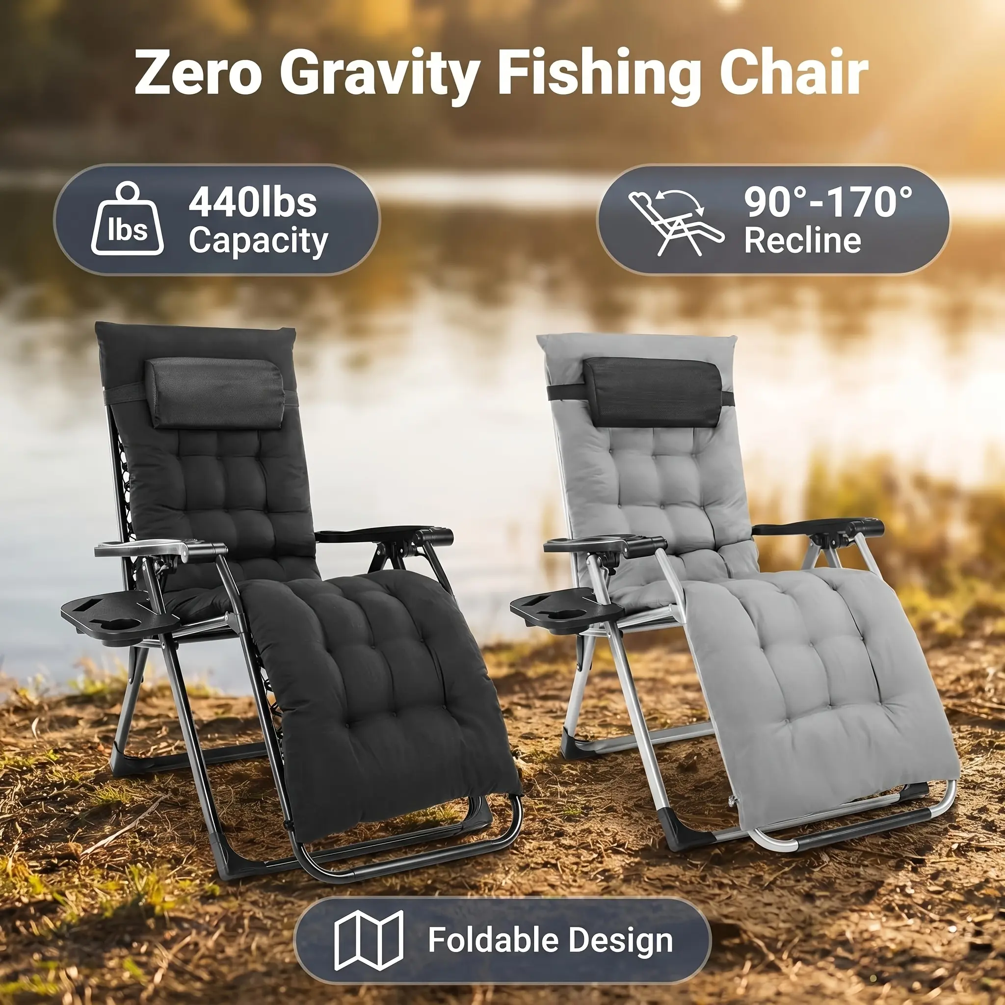 1/2 Pack Fishing Chair 440LB Capacity, Heavy Duty Reclining Camping Lounge Chair with Cup Holder Trays & Removable Cushion, Folding Recliner for Outdoor Fishing, Pontoon Boat, Yacht, Deck
