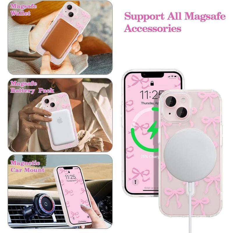 Magnetic for iPhone 17 16 15 14 13 12 11 Case, Bow Case Compatible with MagSafe, Wireless Slim Clear Ribbon Phone Cover Anti-Yellowing Shockproof Protective Cover for Women Girl - Pink.QXG339