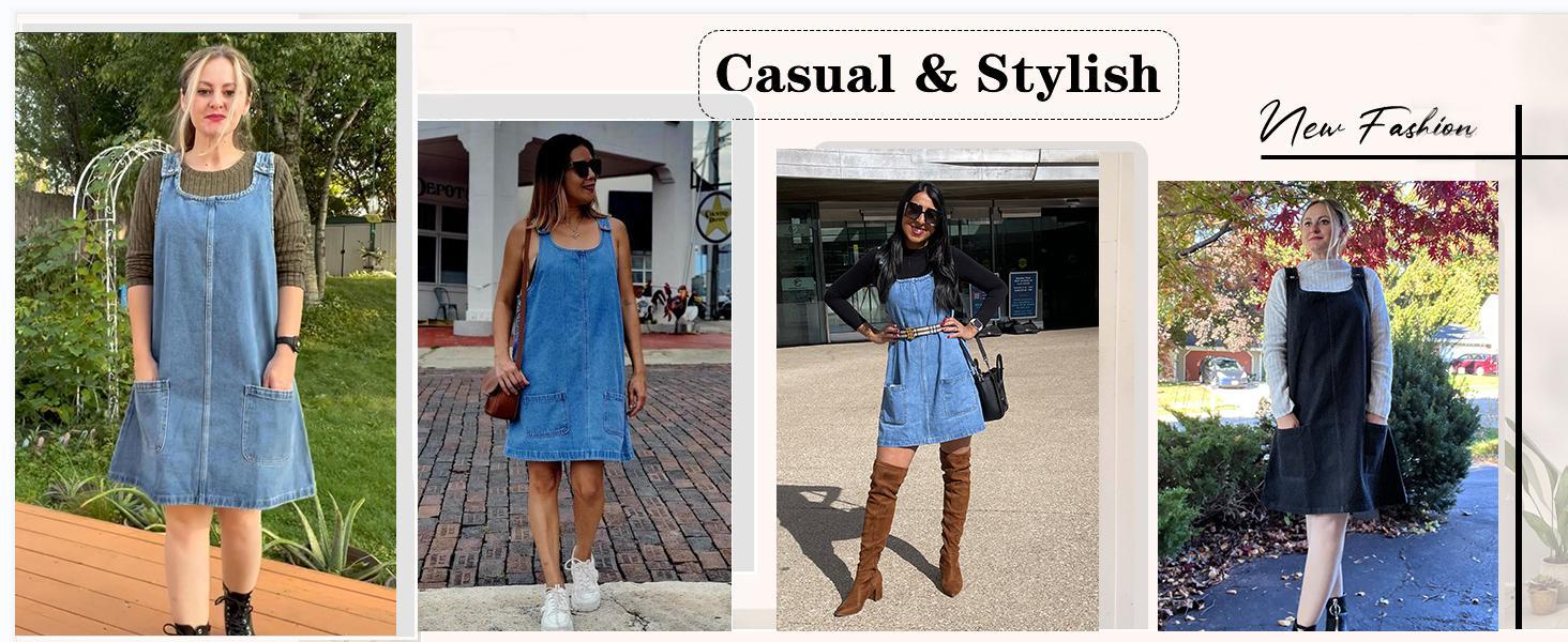 Imily Bela Women's Sleeveless Casual Denim Dress Crewneck Vintage Overall Mini Dress with Pockets