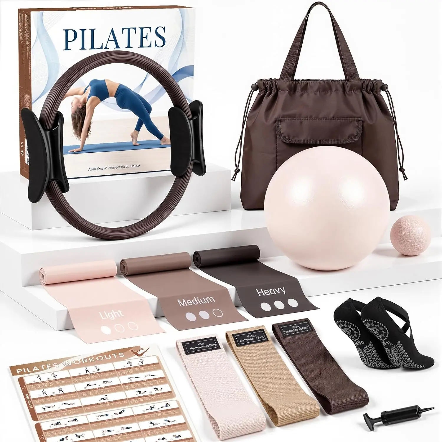 Pilates Kit, Pilates Equipment for  Workouts, at  Pilates Set with Complete Accessories: Pilates Ring, Pilates Ball, Long and Loop Resistance Bands, Socks, Massage Ball, Guide & Bag