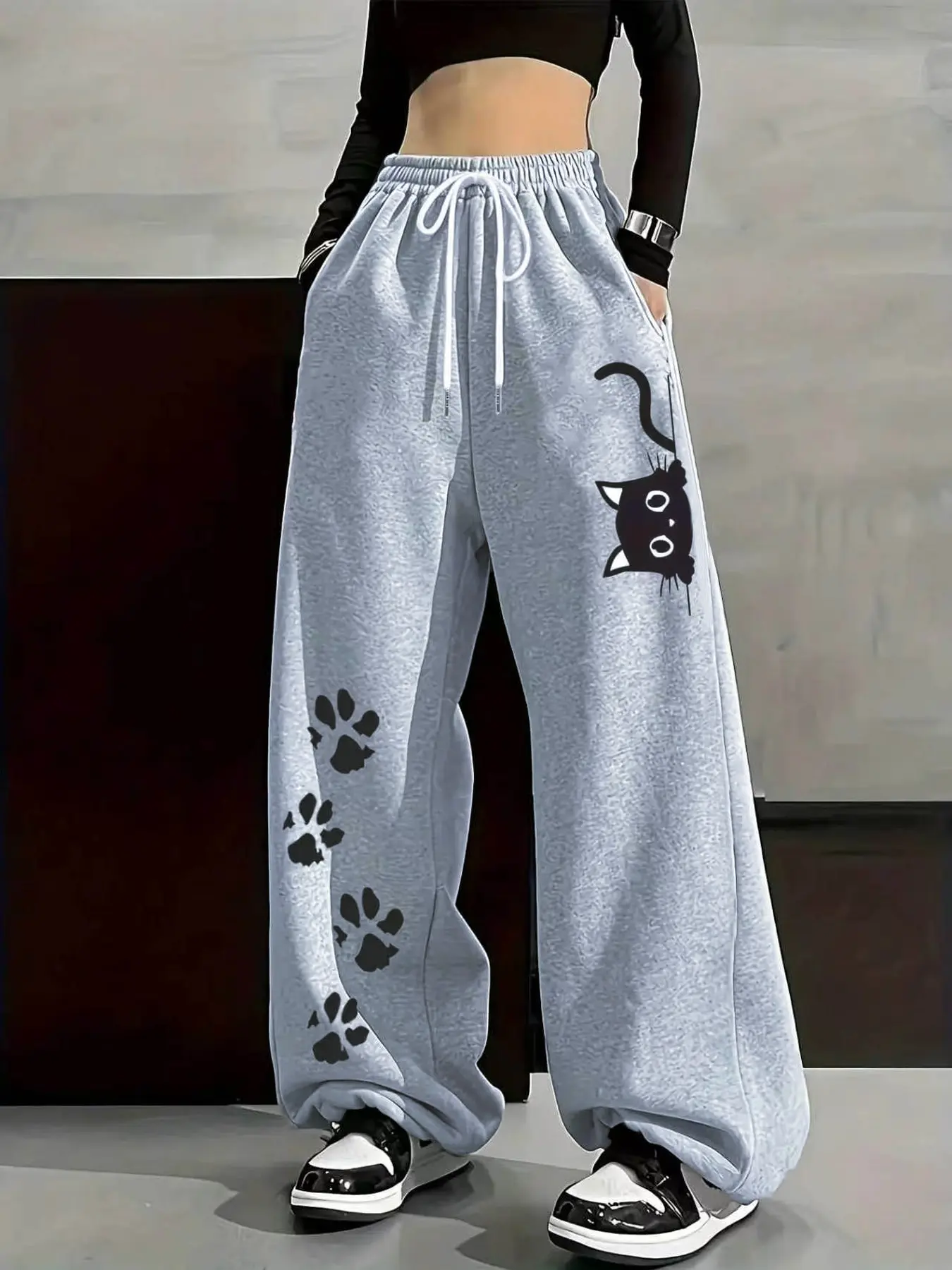 Women's Cat Paw Print Sweatpants, Loose Fit Slimming Casual Pants, Elegant All-Seasons Plain Surface Unlined Pants