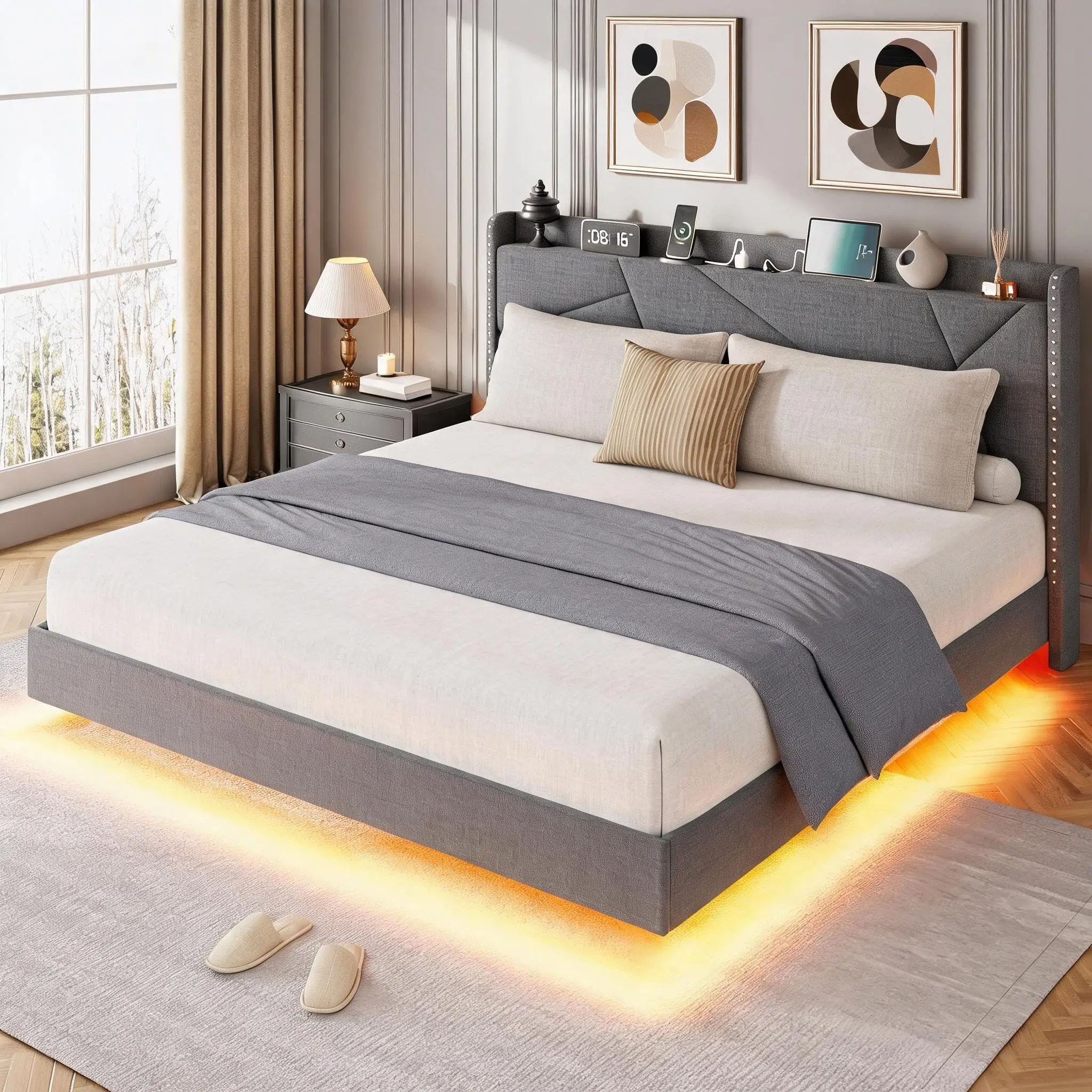 Floating Bed Frames with LED Lights, Storage Headboards, Charging Stations, Upholstered and Tufted Designs in Queen, King, and Full Sizes, Featuring Metal Slat Support, No Box Spring Needed, Available in Grey, Black, and Beige