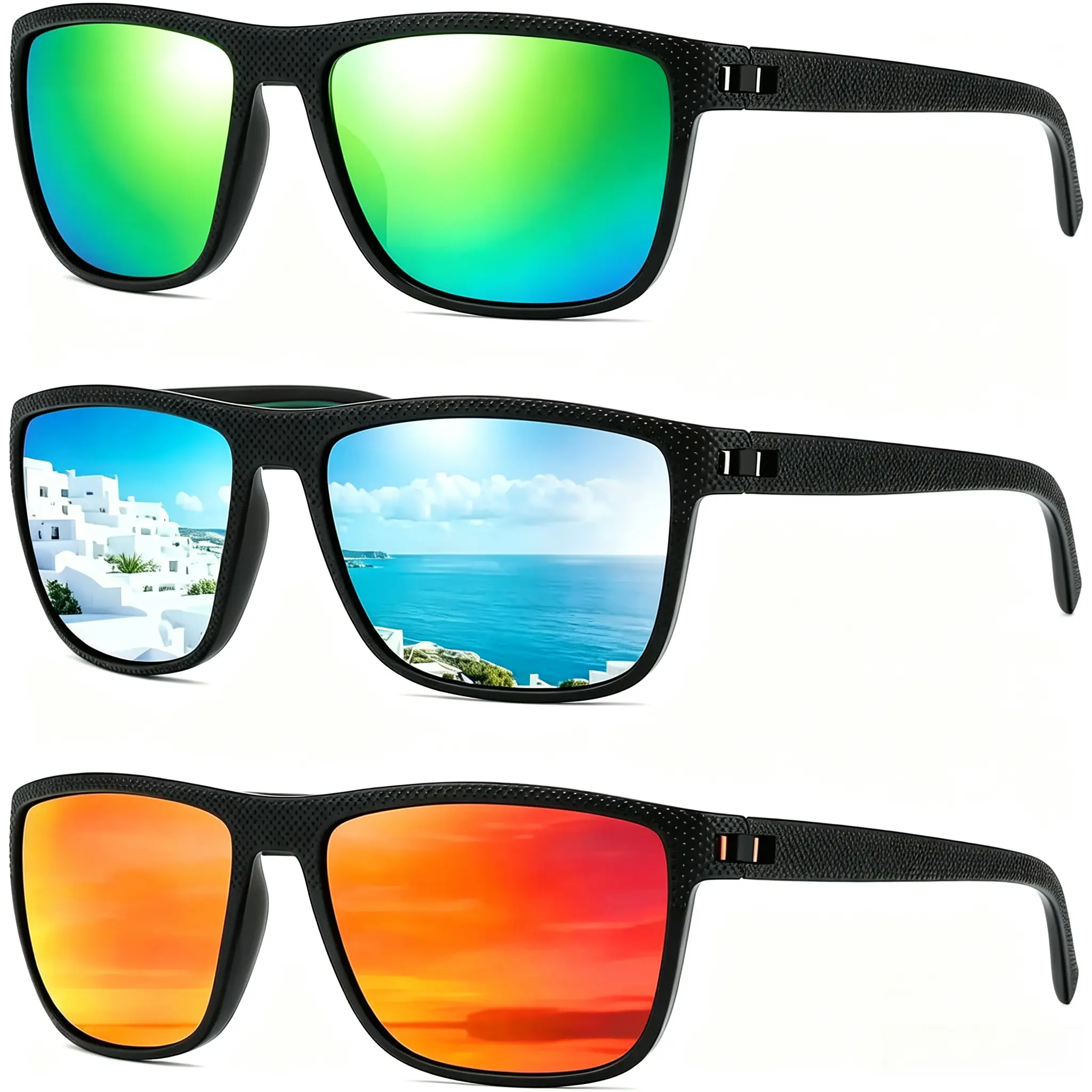 Men's 3-Pack Polarized Square-Rectangle Sunglasses - UV Protection, Anti-Glare, Lightweight Durable Eyewear for Driving, Outdoor Activities, Trendy Casual Daily Use