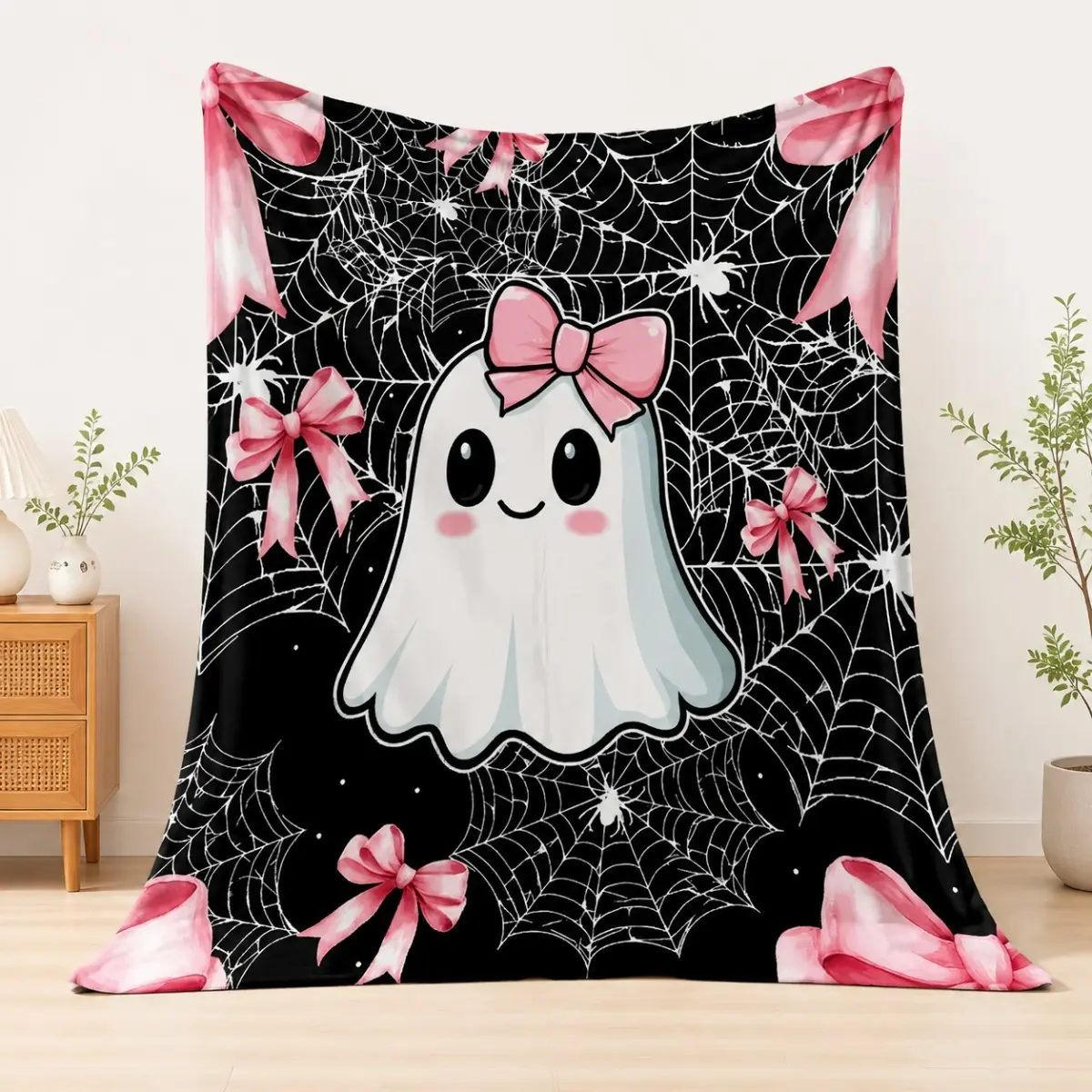 Halloween Ghost Blanket Pink Bow Spider Web Flannel Throw Blanket, Soft Cozy Plush Blanket for Sofa Bed Bedroom Decor, Cute Spooky Season Gift for Kids Adults, Fall Holiday Home Decoration