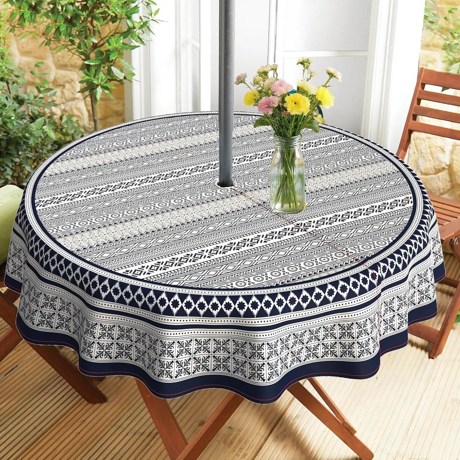 Outdoor Tablecloth with Umbrella Hole and Zipper, Round Patio Table Covers for Spring/Summer, Machine Washable Outdoor Picnic Table Cloth (Boho, 60" Round)