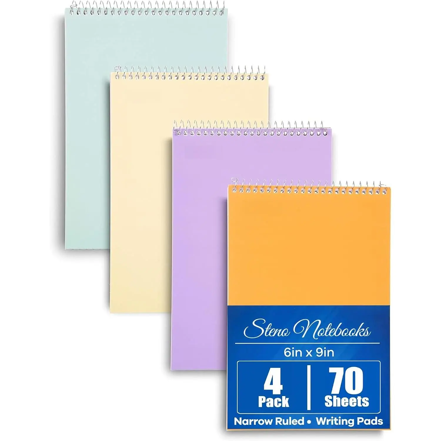 Steno Book - (Pastel Colors, 4 Pads/Pack, Narrow Ruled) - 6inx9in, 70 Sheets, Notebook for writing notes in school, university, college, work,