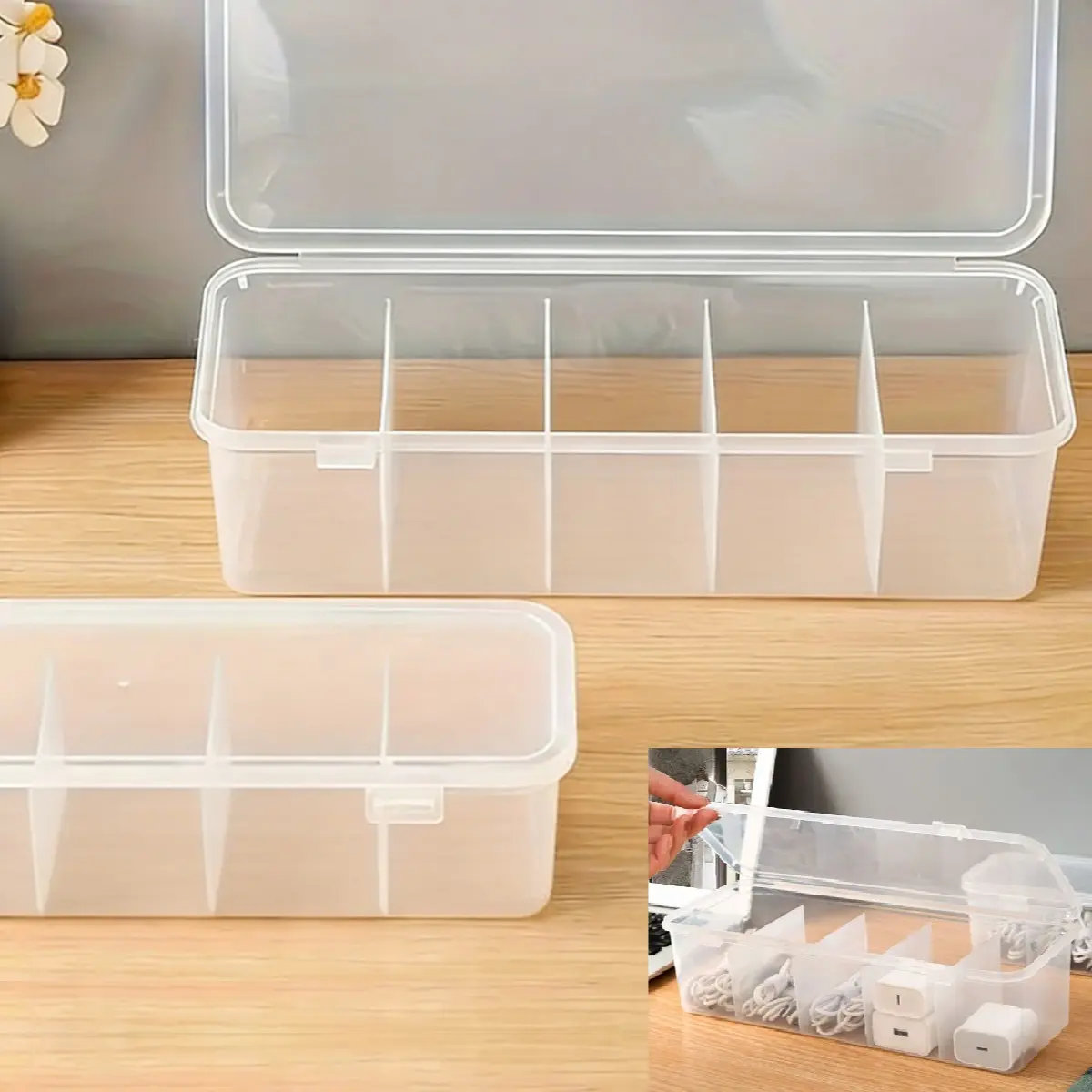Multi-Compartment Data Cable Organizer Box, Thick Plastic Dustproof Lid, Charging Cables Earphones Sorter, Office Home Storage Solution