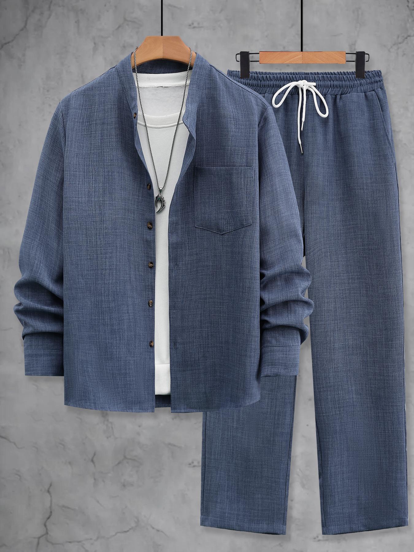 Men's Spring & Fall Casual Fitted Two-Piece Set, Long Sleeve Shirt & Pants Home Wear, Fashionable Outdoor Activities Travel Sports