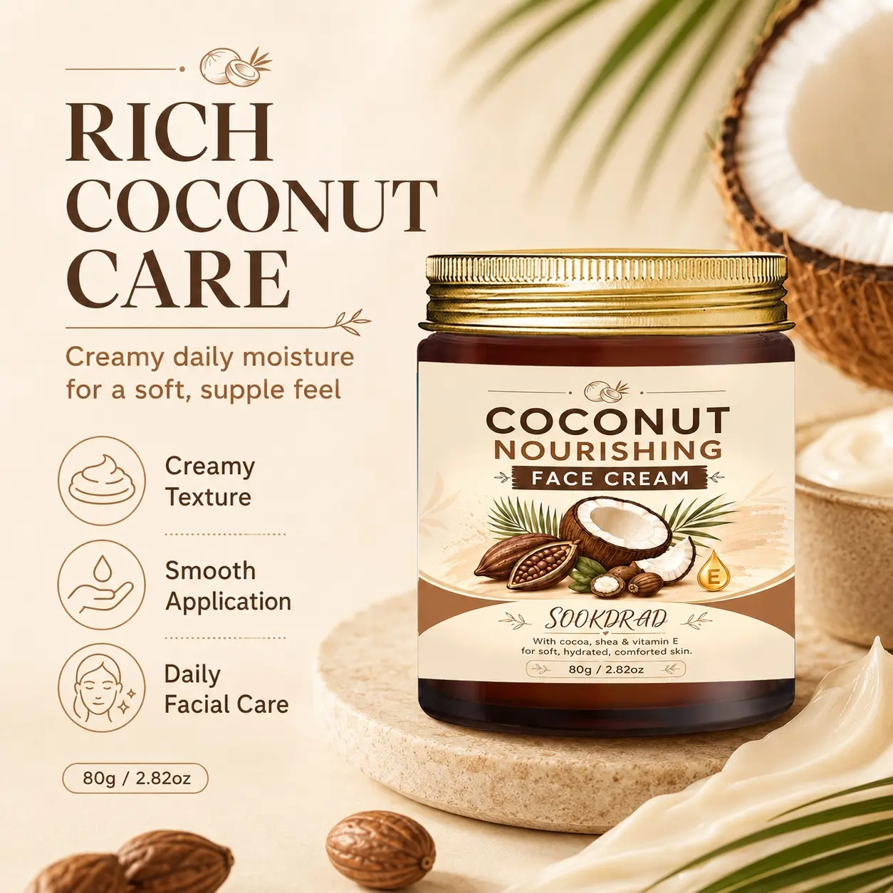 Coconut Nourishing Face Cream, Cocoa, Shea, Vitamin E, Soft Hydrated Comforted Skin, Facial Skincare, 80g/2.82oz