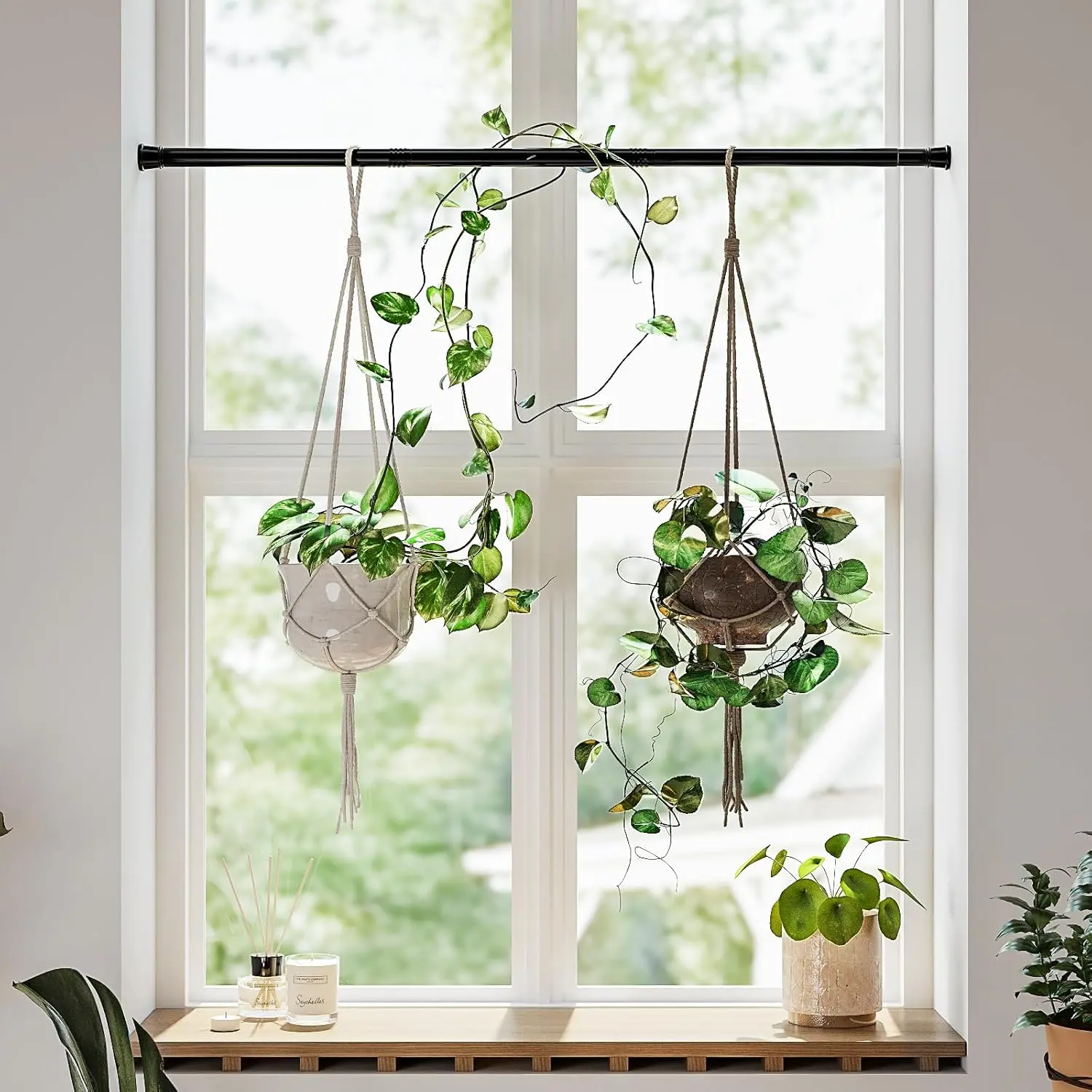 Window  Hanger Indoor Adjustable  Planters for Indoor  Spring Tension Rods 27''-51'' No Drilling Expandable   Holder for  Basket for Balcony Decor(Black)