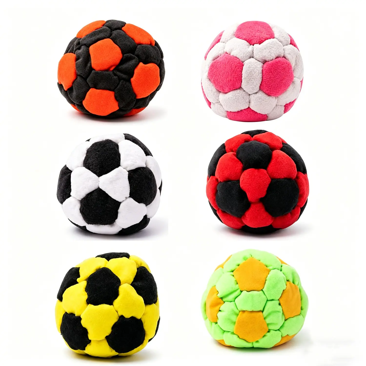 Random 1/6 Pack Soccer Hackys Footbag Sacks, Soft Plush Hexagonal Footbags for Adults, Durable Fleece Juggling Balls, Indoor Outdoor Play