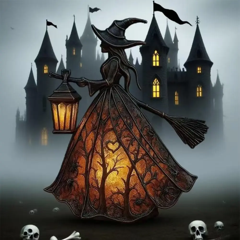 LED Desk Lamp, Witch-Themed Broom with Light—Warm Light—Resin Material—Battery-Powered, Suitable for Stairways, Bedrooms, Entrances, Dorm Rooms, and Living Rooms; Indoor Holiday Lighting
