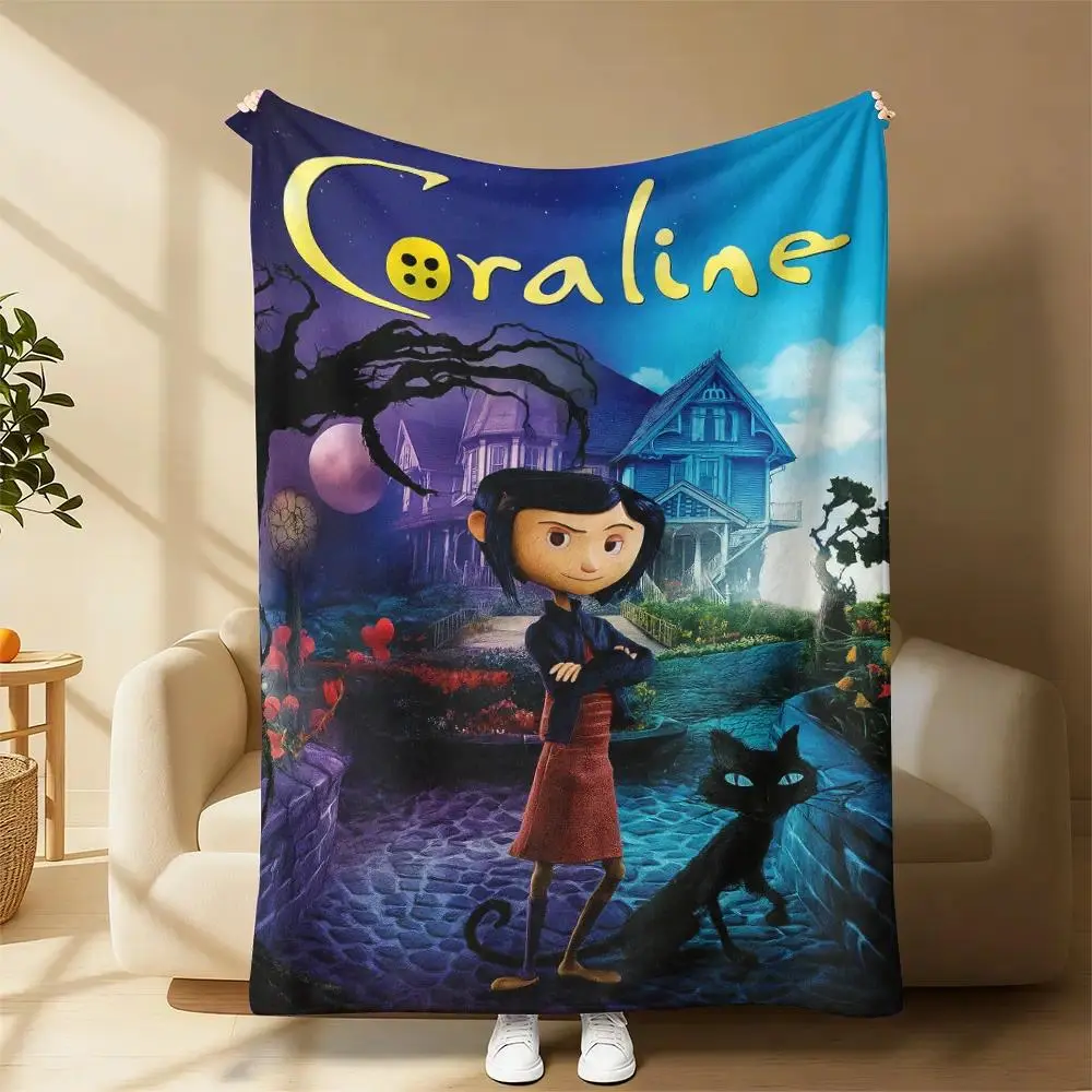 Coraline Cartoon Print Flannel Throw Blanket, cooling blankets cooling blanket blankets quince bedding, Warm Soft All Season Bedding Blanket Home Travel Decor Birthday Gift For Anime & Movie Fans