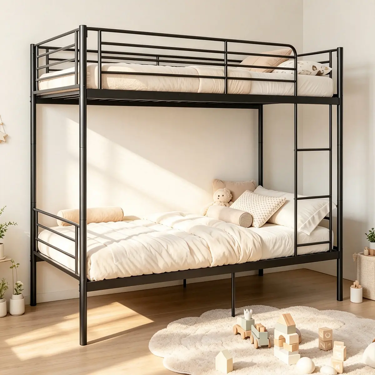 Twin Over Twin Metal Bunk Bed with Ladder & High Guardrail - Convertible Splittable Bunk Bed Frame with Under Bed Storage Space, Noise Free, Black