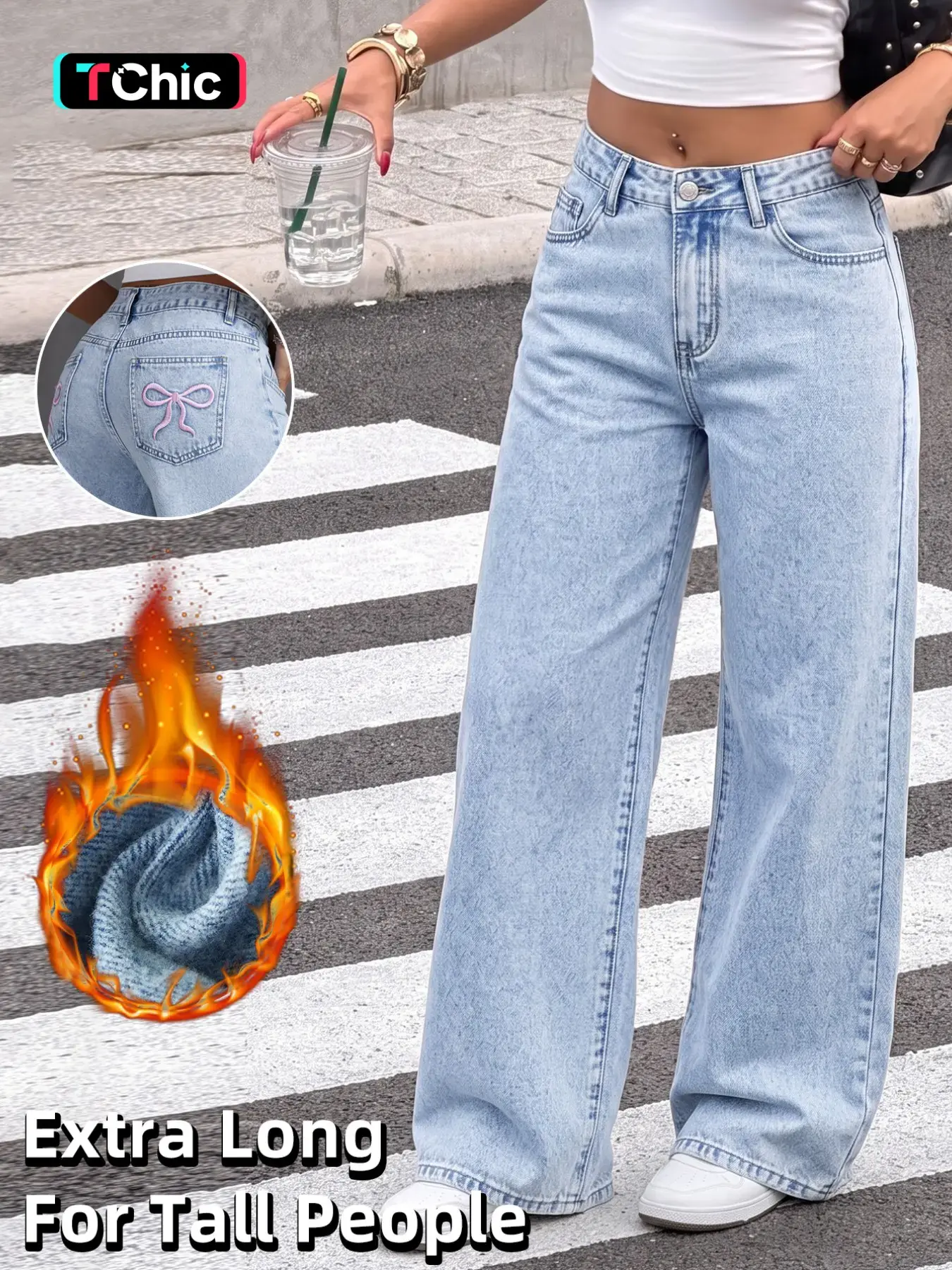 High Waist Extra Long Fleece Lined Jeans for Tall Women, Bow Embroidery, Y2K Streetwear, Fall, Campus Ootd, City Coffee Run